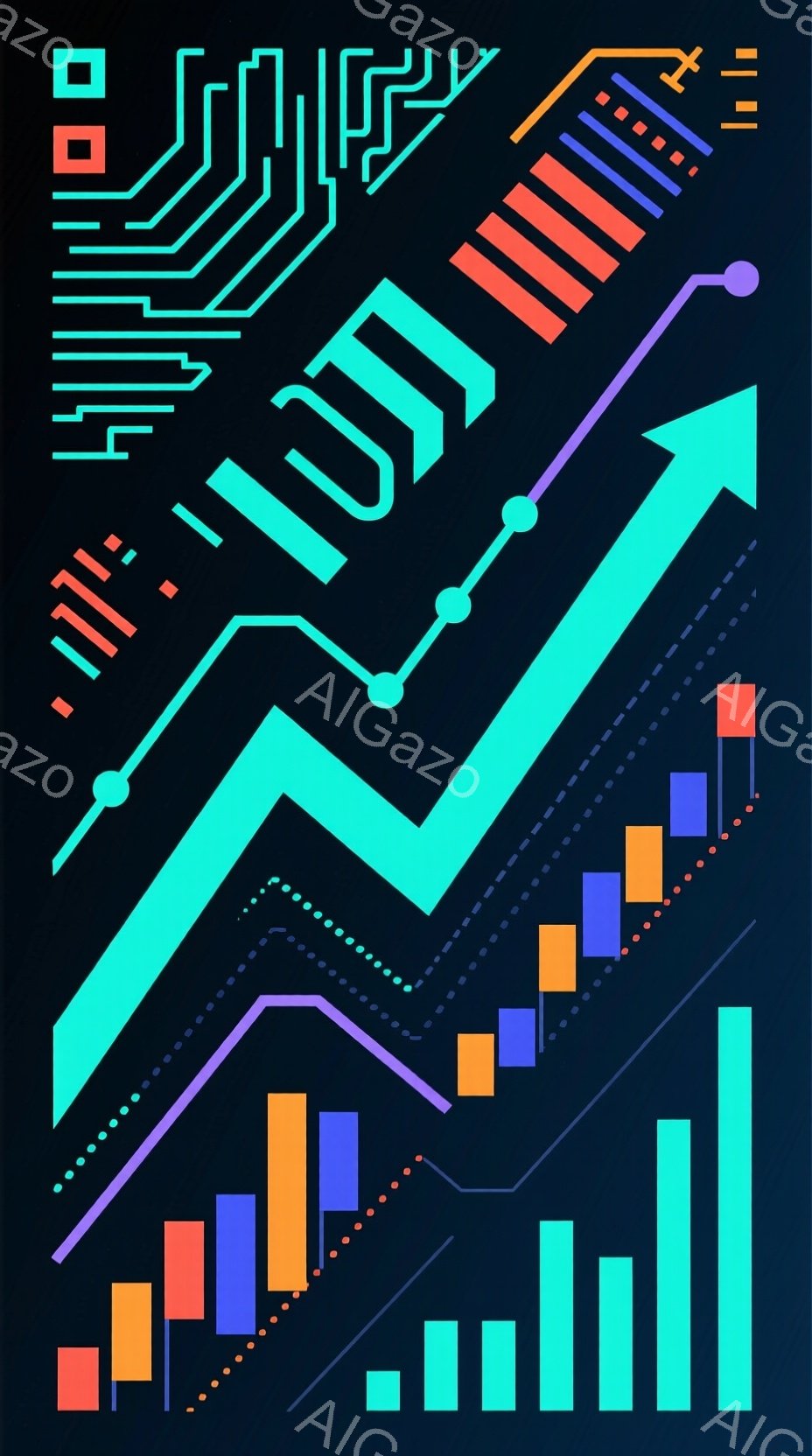 この画像は、ターコイズブルーの線と白く点線状の線が右肩上がりに伸びるグラフを背景に、様々な色の長方形のバーが配置されたものです。バーの色はオレンジ、青、ターコイズ、紫など様々で、それぞれが特定の時点における値を表しているように見えます。上部には複雑な回路図のようなデザインが配置されており、全体的にテクノロジーと金融市場の成長を象徴するような雰囲気です。