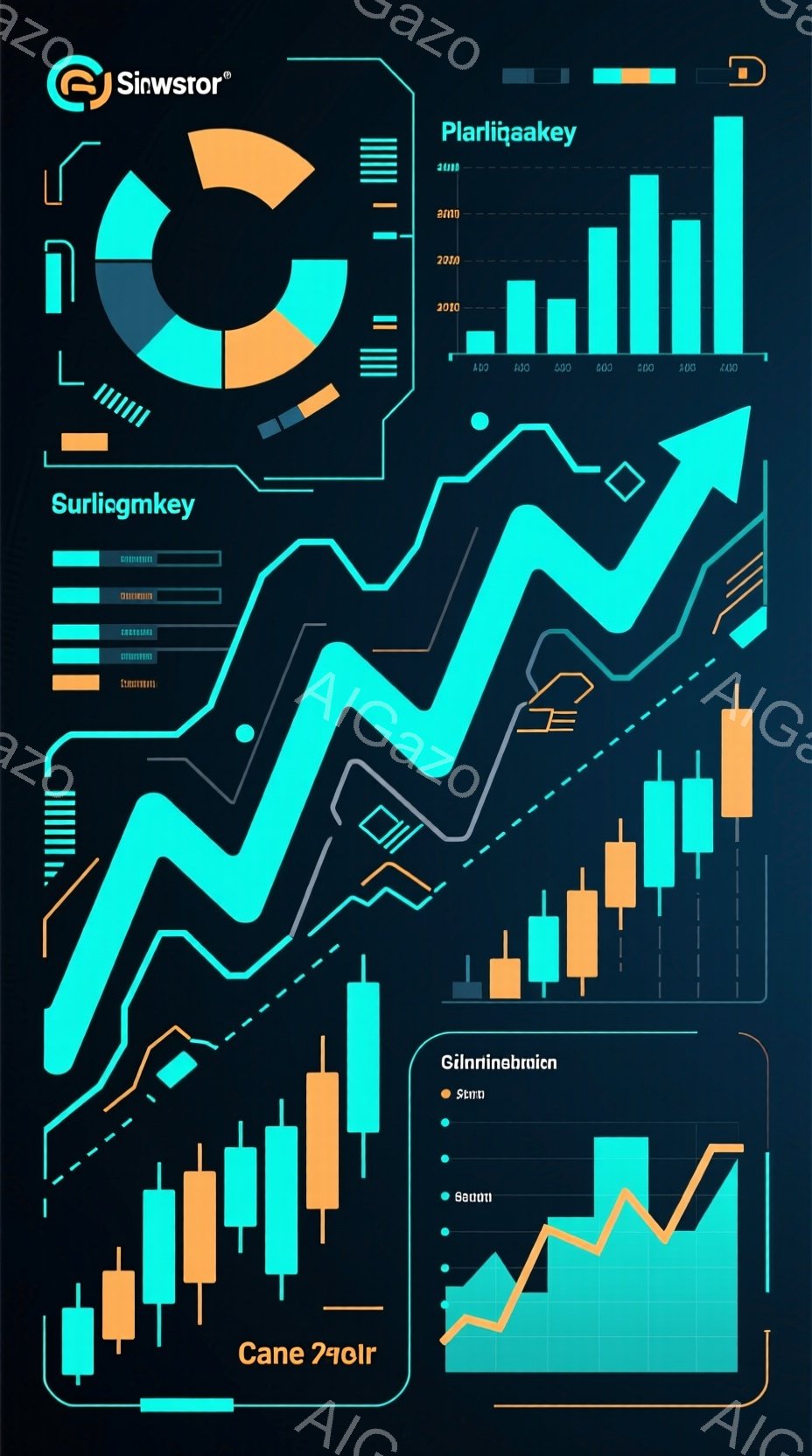 この画像は、青と緑のキャンドルチャートが描かれた金融市場のグラフを表しています。円グラフと数値データが背景に配置され、上昇トレンドを示す青い線がグラフ全体を貫いています。全体的に、市場のダイナミックな動きとデータ分析を強調した、現代的な金融視覚化の雰囲気です。