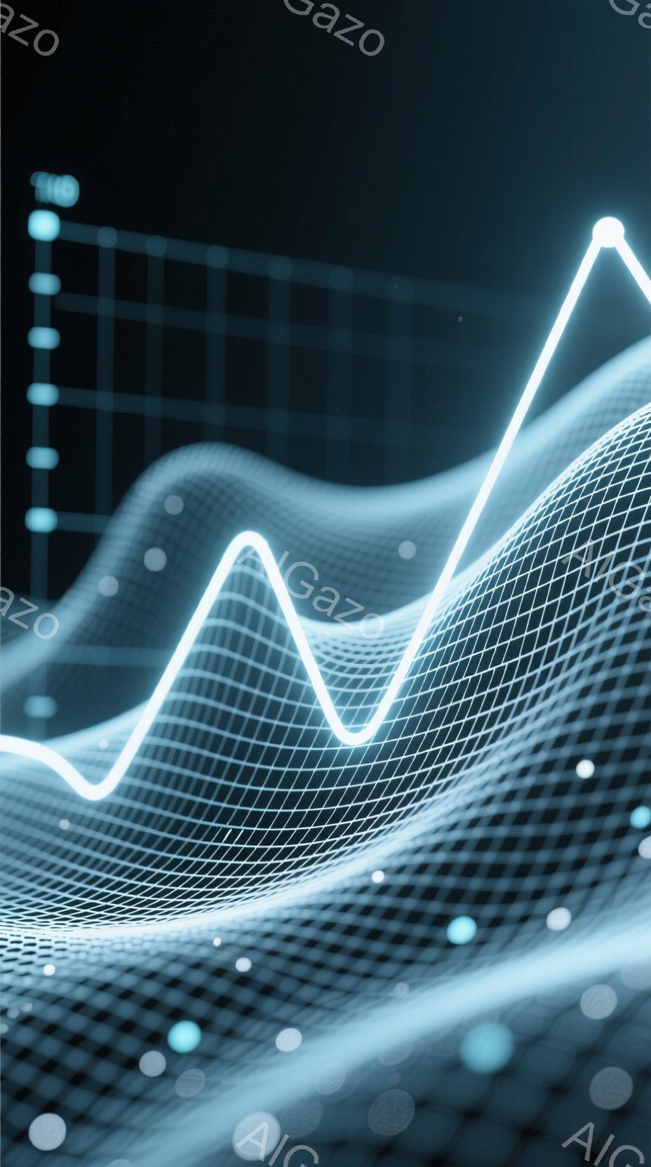 この画像は、光る線が複雑な格子状の背景の上を蛇行する抽象的な表現です。光の線はグラフのような上昇と下降を繰り返し、未来的なテクノロジーやデータ分析のイメージを喚起します。背景の格子状のテクスチャとぼや - AI生成フリー素材