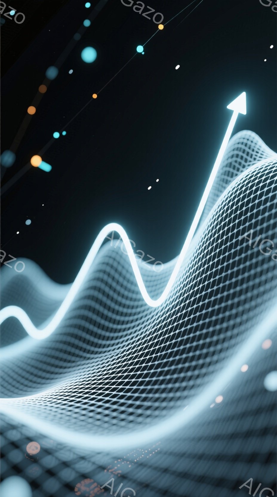 鮮やかな光の線が、網目状の表面を這うように上昇しています。背景は暗く、ぼやけた光点が存在し、未来的な雰囲気を醸し出しています。全体として、テクノロジーと成長を象徴する抽象的なイメージです。