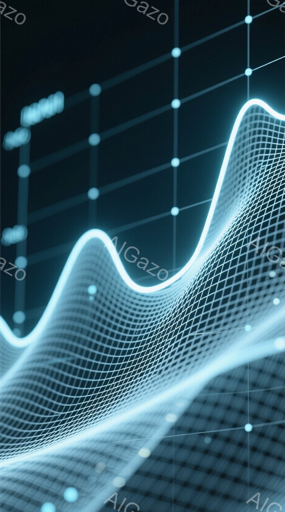 鮮やかな青色の光の線が、網目状の構造を帯びて空中に浮かび上がっています。背景は暗く、小さな青い光点が散りばめられたグラデーションで、まるでデータや接続を示す未来的な図表のようです。全体として、革新的な技術やデータ分析を連想させる、洗練された印象を与える画像です。