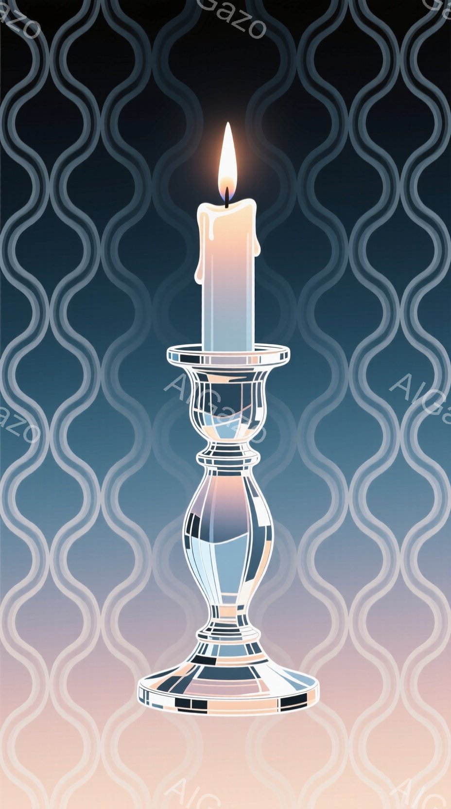 象牙色のキャンドルが、透明感のある彫刻のような燭台に灯されています。背景には、淡い青からオレンジへとグラデーションする、幾何学的な模様が繰り返されており、光の反射が美しいです。全体的に、静かで優雅な雰囲気が漂っています。
