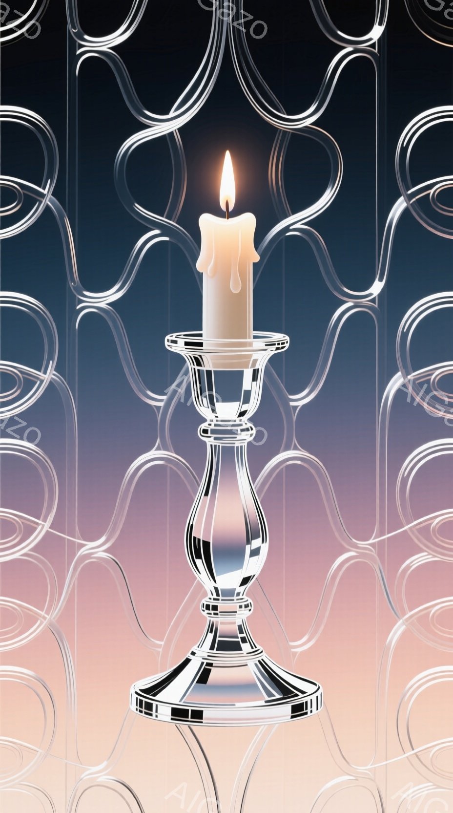 透明感のある曲線が背景に広がり、中央には銀色の燭台に白く溶けたロウソクが灯っています。燭台は洗練されたデザインで、光を受けて輝き、温かみのある光が空間に広がっています。背景の曲線は抽象的で、幻想的な雰囲気を醸し出しています。