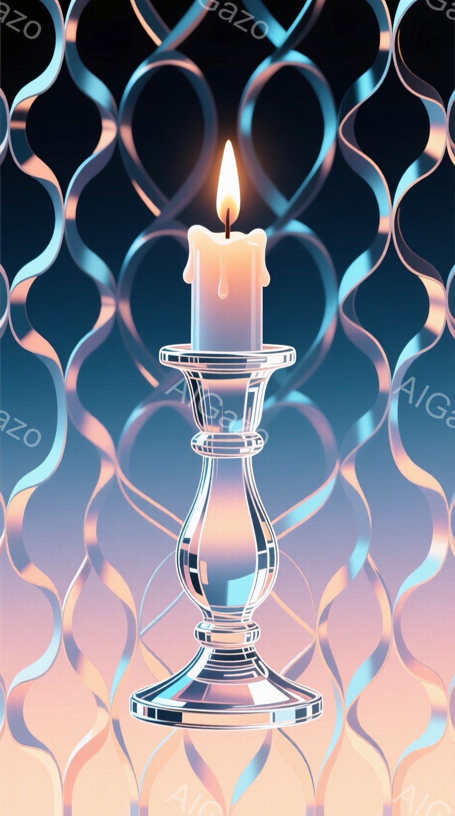 画像は、透明な燭台の上に置かれた燃えているキャンドルを描いています。背景には、淡いピンクと水色を基調とした、複雑な模様が浮かび上がり、光の反射が幻想的な雰囲気を醸し出しています。全体的に、柔らかく、夢幻的な、そして静謐な印象を与えます。