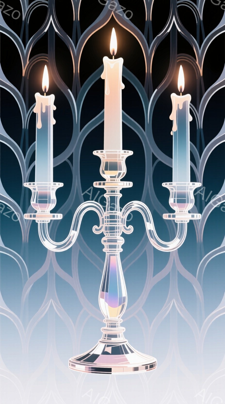 燭台が画面中央に配置され、点在する蝋燭は溶け出し始めている様子が描かれている。背景には、装飾的なアーチ状のパターンが繰り返され、青と紫のグラデーションが神秘的な雰囲気を醸し出している。全体的に、静かで瞑想的な、あるいは少し不気味な印象を与える画像である。