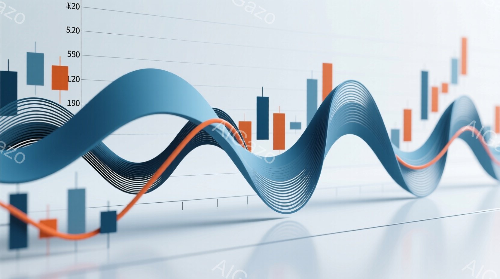 この画像は、金融市場や経済状況を視覚化したものです。青い曲線が複雑な波を描き、オレンジと青の棒グラフがその上に配置され、価格変動やトレンドを示唆しています。全体的に、先進的で未来的な印象を与え、データ分析や投資戦略を連想させます。