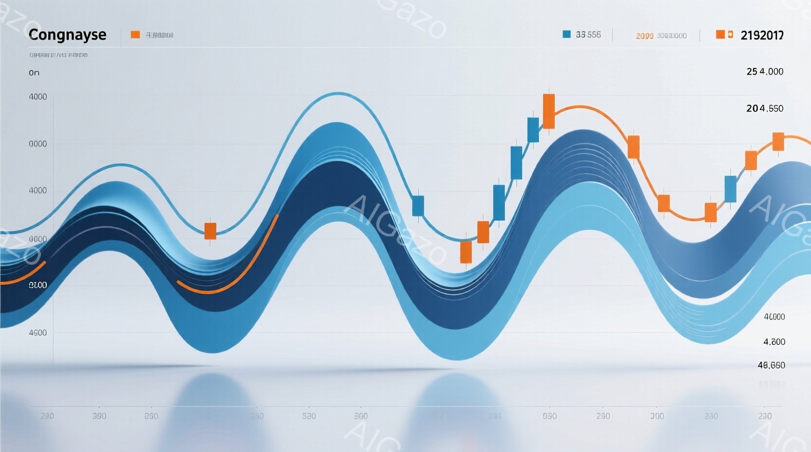 この画像は、複雑に絡み合った青色の線と、オレンジ色の棒グラフが特徴的なグラフです。線は波のような形状をしており、オレンジ色の棒グラフがその上に配置されています。全体的に落ち着いた色調で、データの変化や傾向を示す視覚的な表現として用いられていると考えられます。