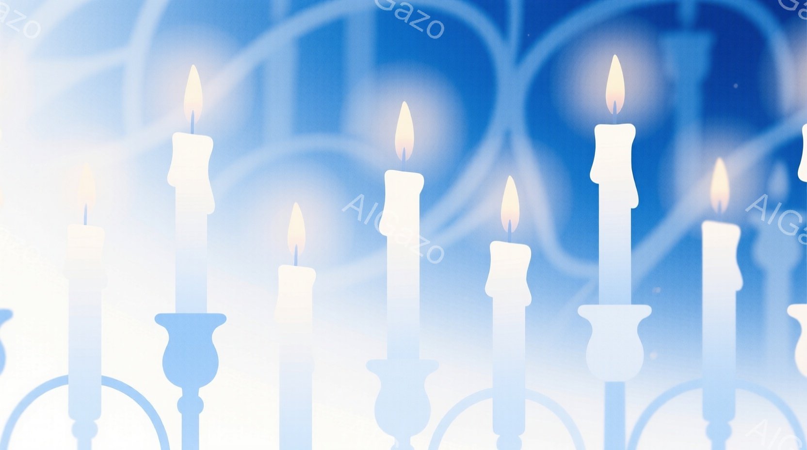 この画像は、ぼやけた青色の背景に、様々な高さのキャンドルが並んでいます。キャンドルは白く光り、それぞれが装飾的な燭台に立てられています。全体的に幻想的で、落ち着いた雰囲気です。