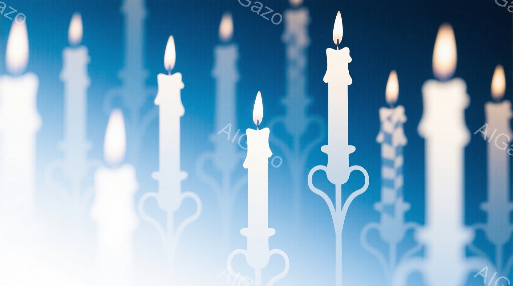 ぼやけた背景に、様々なデザインの白いろうそくが並んでおり、それぞれに炎が灯っています。ろうそくの形はシンプルでエレガントなものから、装飾的で複雑なものまで様々です。全体的に柔らかな光が広がり、静かで神秘的な雰囲気を醸し出しています。