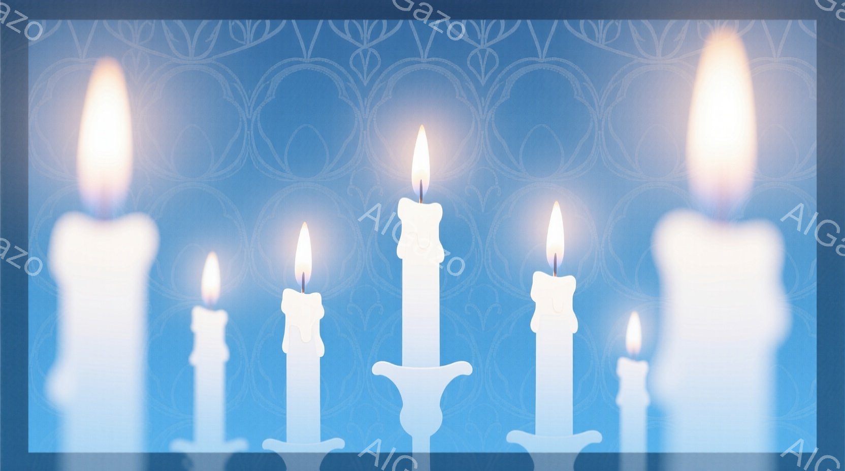 白いキャンドルが５本、青い背景に並んで光を放っています。キャンドルの炎は明るく、一部のキャンドルからは溶けたロウが滴り落ちています。背景は抽象的な模様で、穏やかで静謐な雰囲気を醸し出しています。 - AI生成フリー素材