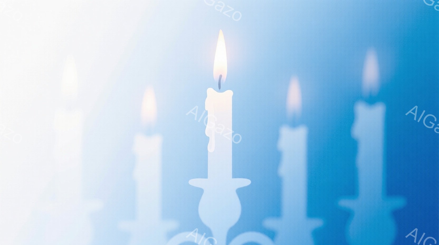 ぼやけた背景に、立てられた白い蝋燭が複数並んでいます。蝋燭の炎は明るく輝き、それぞれの形が少しずつ異なっています。全体的に穏やかで、静謐な雰囲気を醸し出しています。