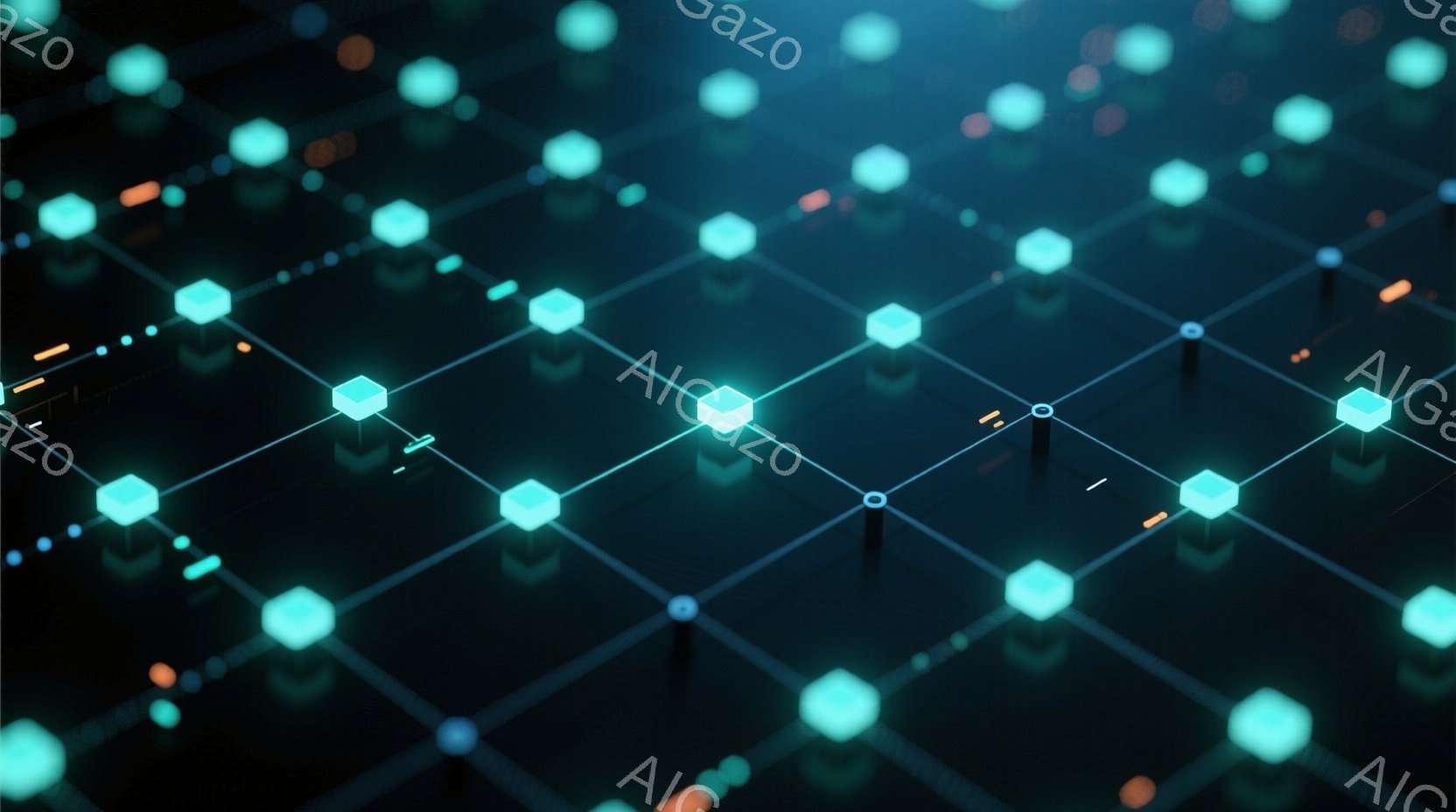 暗い背景に、明るいターコイズブルーの立方体が規則的に並んだネットワーク状の構造が描かれている。立方体同士は細い光の線で繋がっており、まるでデジタル空間における接続やデータの流れを表現しているかのようだ - AI生成フリー素材