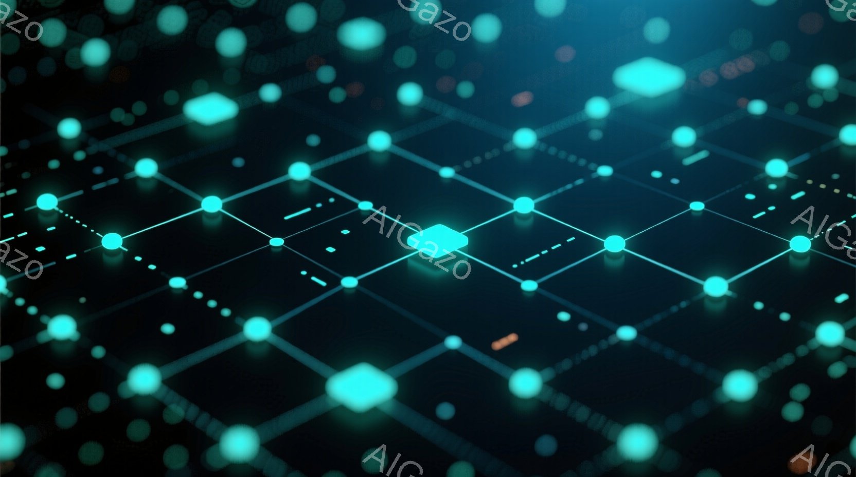 暗い背景に、輝く青緑色の点が線で繋がれたネットワークが広がっている様子が描かれている。明るい点が密集し、まるでデータや情報が流れているかのような印象を与える。全体的に未来的な雰囲気で、技術的な進歩や接 - AI生成フリー素材