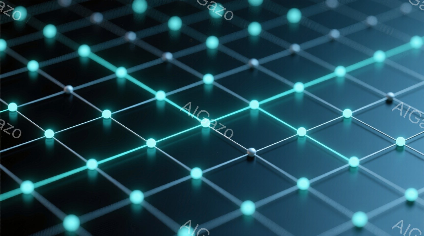 深い青色の背景に、明るいターコイズブルーの光る点が格子状に並んでいます。線は細く、点と点を結び、まるでネットワークや回路のような構造を形成しています。全体として、未来的なテクノロジーやデータ接続を連想させる、クールでミニマルな印象を与えます。