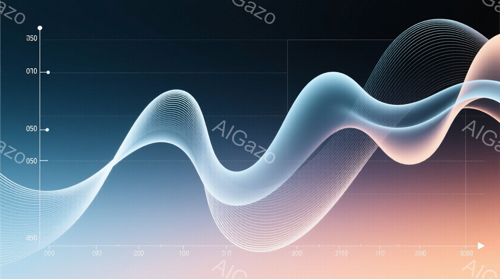 複雑な曲線が多数集まって構成された抽象的な画像で、背景は濃い青からオレンジ色へのグラデーションが美しいです。曲線は白い半透明の線で描かれており、重なり合うことで奥行きと動きを生み出しています。全体的に流動的で未来的な雰囲気が漂います。