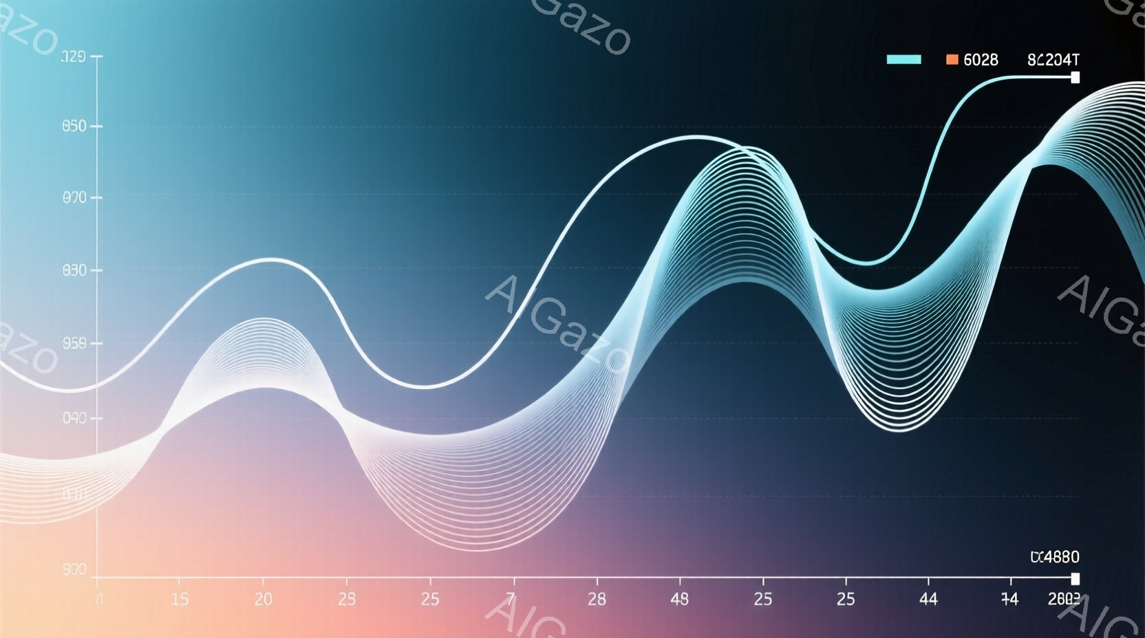 複雑な白い線が、薄い紫から濃い青へとグラデーションのかかった背景に重なり合って描かれています。線は波のような形状をしており、まるでエネルギーの流れや時間の経過を視覚化したかのようです。全体的に幻想的で抽象的な雰囲気を持った画像です。
