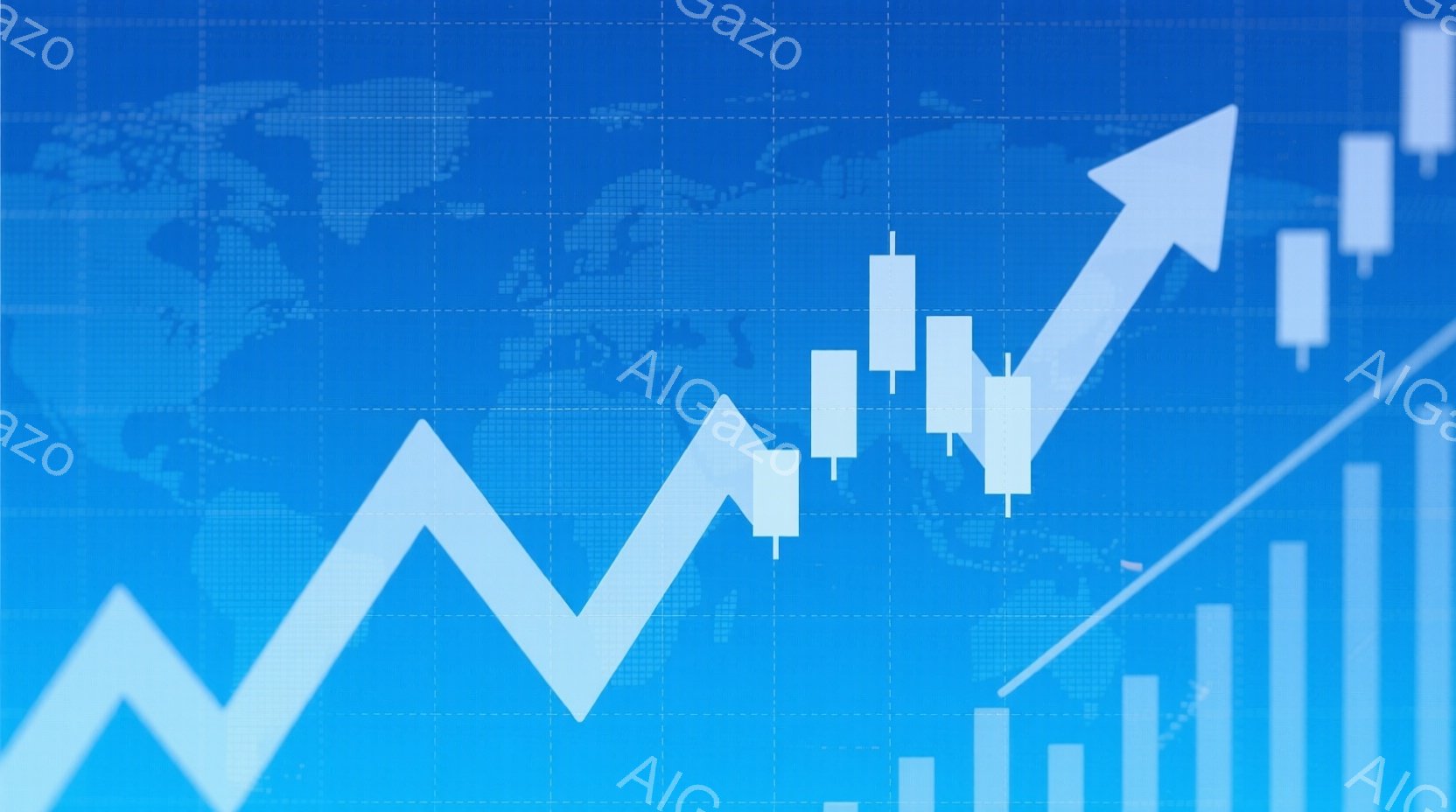 この画像は、青いグラデーションの背景に、上昇傾向を示す白線と、それに対応する柱状グラフとローソク足チャートが描かれています。世界地図が背景に薄く浮かび上がり、金融市場や経済成長を連想させます。全体的に - AI生成フリー素材