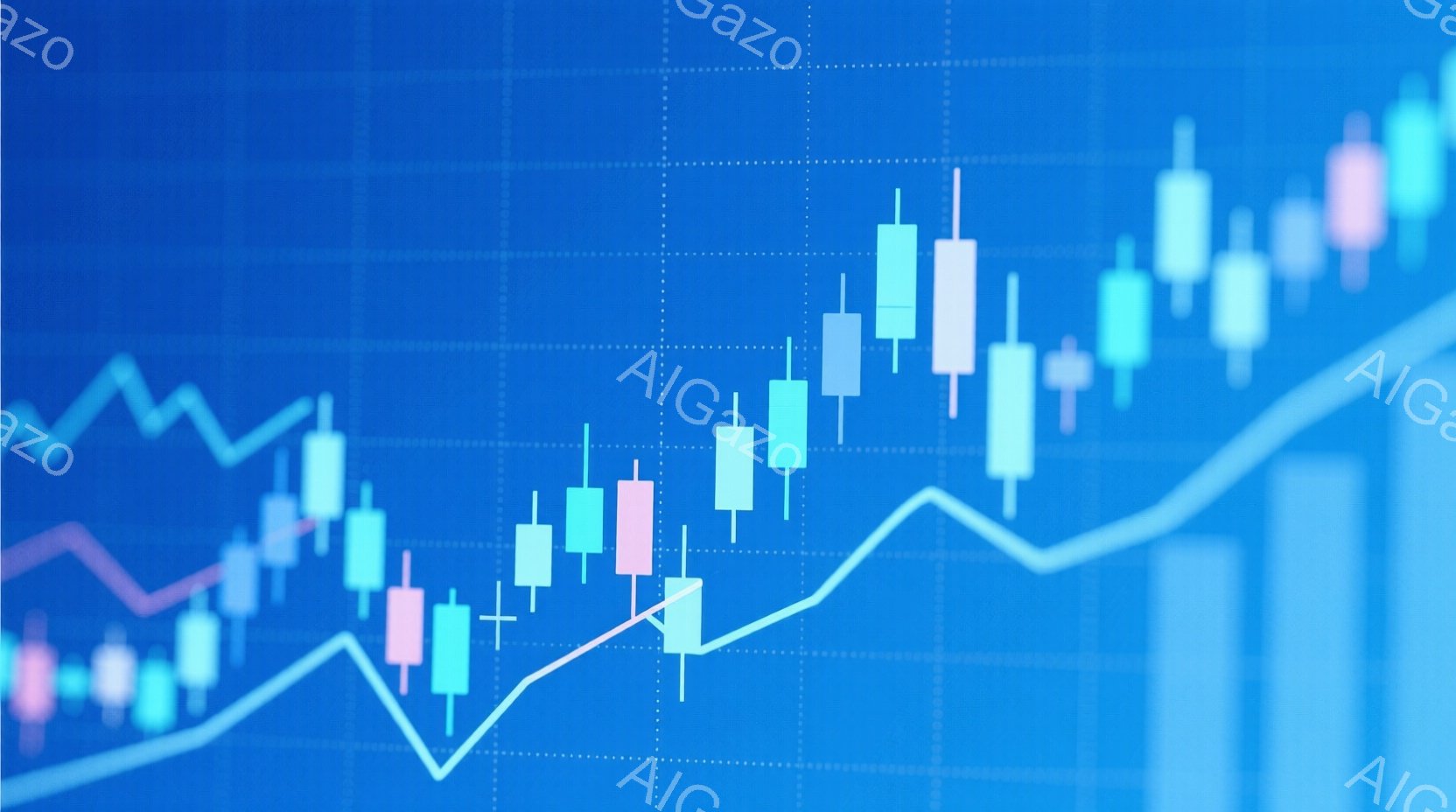 この画像は、青色の背景に、ピンクと緑のろうそく足チャートと、上昇傾向の白い線グラフが描かれています。ろうそく足は時間経過とともに大きく上昇しており、市場の強気なトレンドを示唆しています。全体的に、金融 - AI生成フリー素材