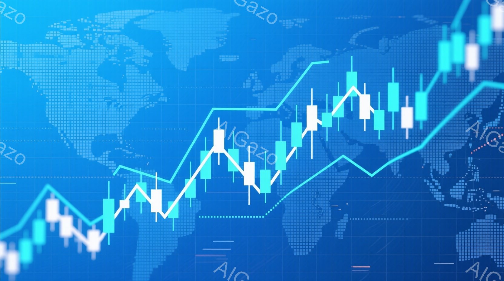 この画像は、世界地図を背景にした金融チャートを表しています。青と白のロウソク足チャートが地図上を上昇および下降し、グラフ線が全体的な傾向を示しています。全体的に、世界経済のダイナミックな変動と成長を視覚的に表現した、冷たくプロフェッショナルな雰囲気です。