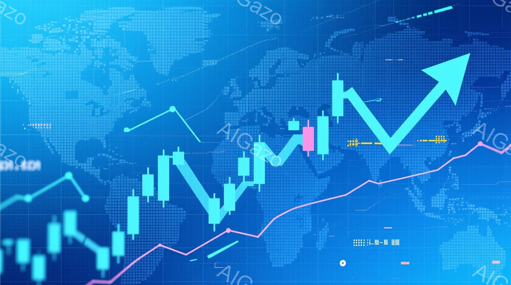 この画像は、世界地図を背景に、上昇傾向を示すキャンドルスティックチャートと青色の矢印が描かれています。キャンドルチャートは金融市場の価格変動を表し、矢印は将来的な成長やポジティブなトレンドを象徴してい - AI生成フリー素材