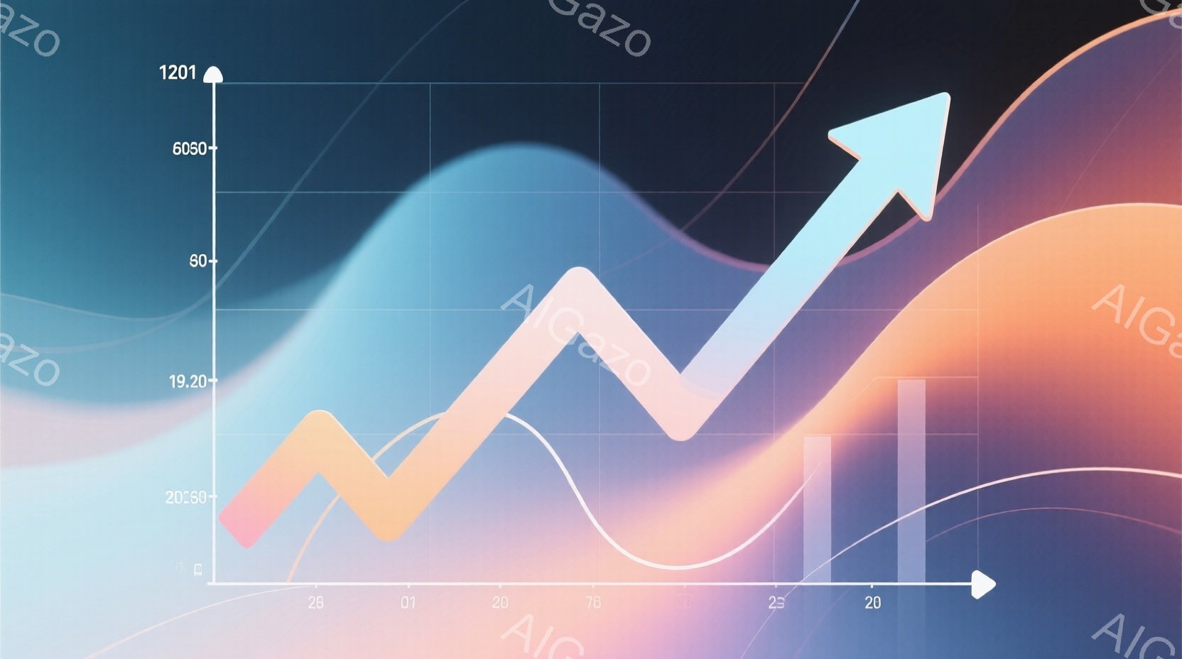 この画像は、複数の線グラフが重なり合っている抽象的な背景です。青、オレンジ、紫色のグラデーションが用いられ、それぞれ線が異なる方向に伸びています。全体的に未来的でダイナミックな雰囲気であり、成長や変化を示唆しているようです。