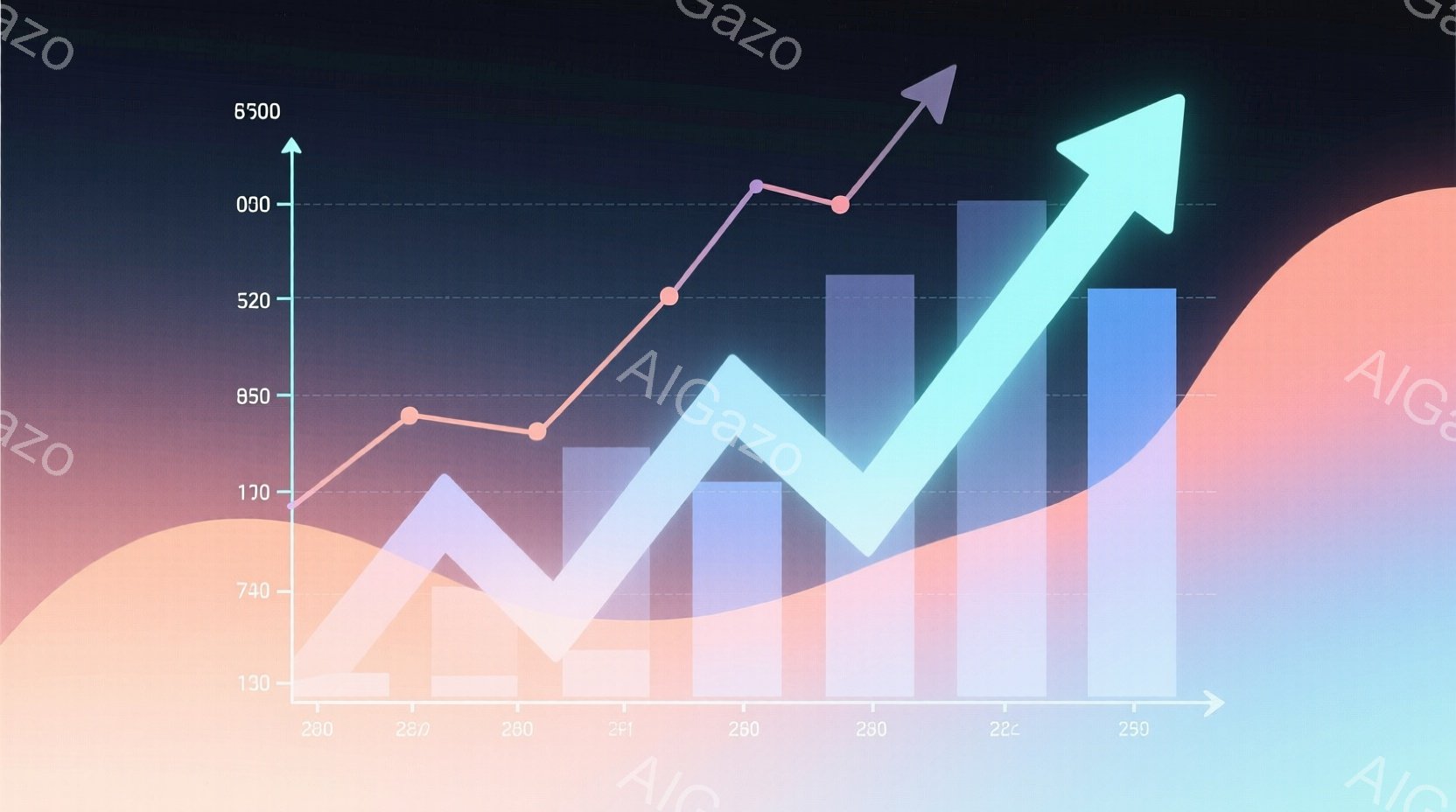 この画像は、青と紫を基調としたグラデーション背景に、棒グラフと折れ線グラフが複数描かれたものです。折れ線グラフは上昇傾向を示しており、成長や進歩を象徴しているようです。全体的に未来志向で、ビジネスや経 - AI生成フリー素材