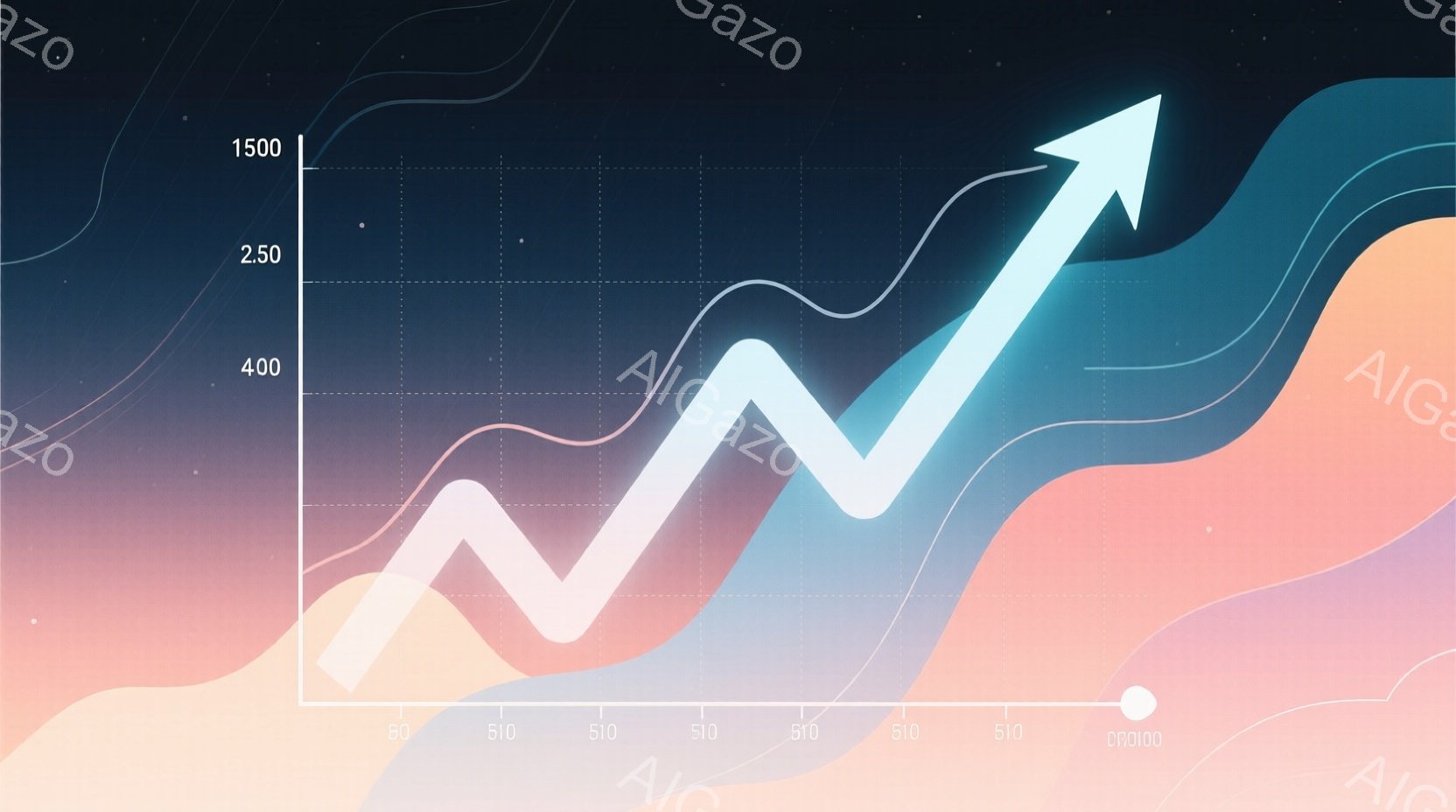 この画像は、上昇傾向を示すグラフが描かれた抽象的な背景です。淡いピンクから青へのグラデーションが美しく、グラフは白く光り輝き、未来への希望や成長を象徴しているようです。背景には星のような小さな光が散り - AI生成フリー素材