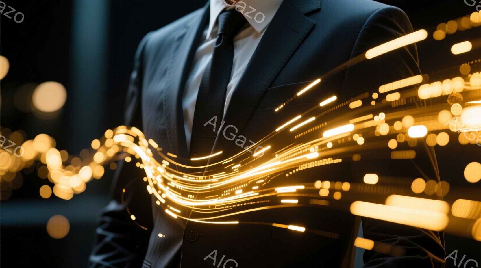 暗い背景に黒いスーツ姿の男性が映っており、まるで光の線が彼の周りを包み込んでいるかのように見える。光線は、街の夜景を思わせるぼやけた黄色い線で構成され、動きやエネルギーを感じさせる。全体的に、未来的な雰囲気と、男性の力強さや自信を強調するような印象を与える。