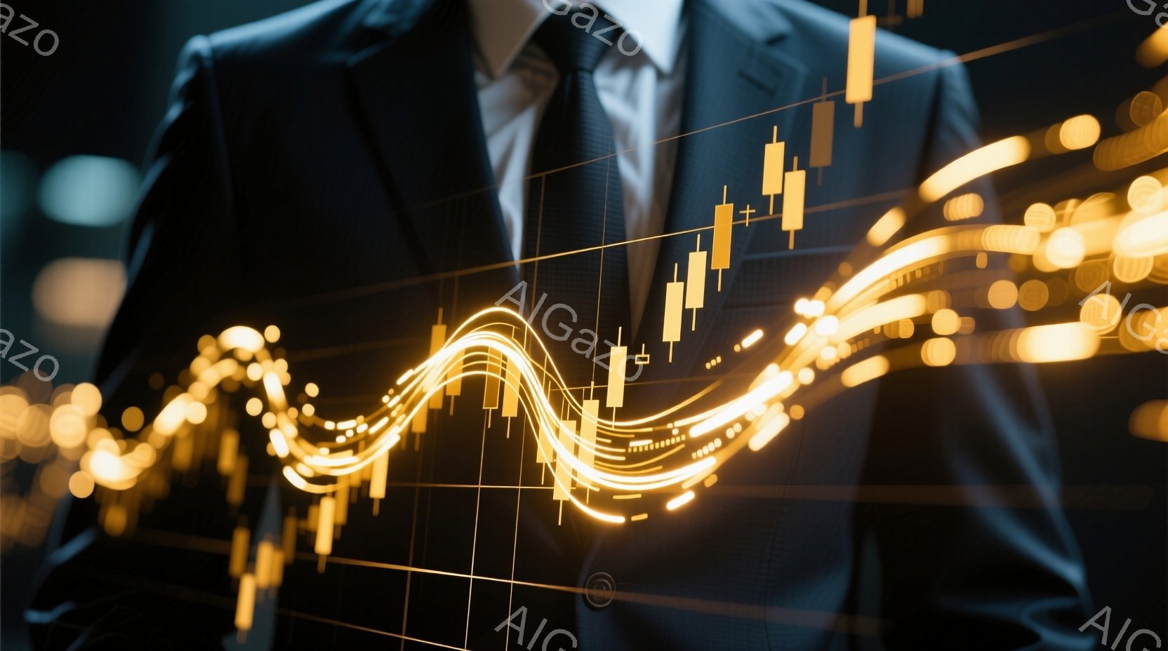 紺色のスーツを着た人物が写っており、背景には金融チャートのような光の線が重なっている。光の線は上昇と下降を繰り返し、活気のある市場の状況を示唆している。全体的に、ビジネスや金融、成功を象徴するような、力強く洗練された雰囲気が漂っている。