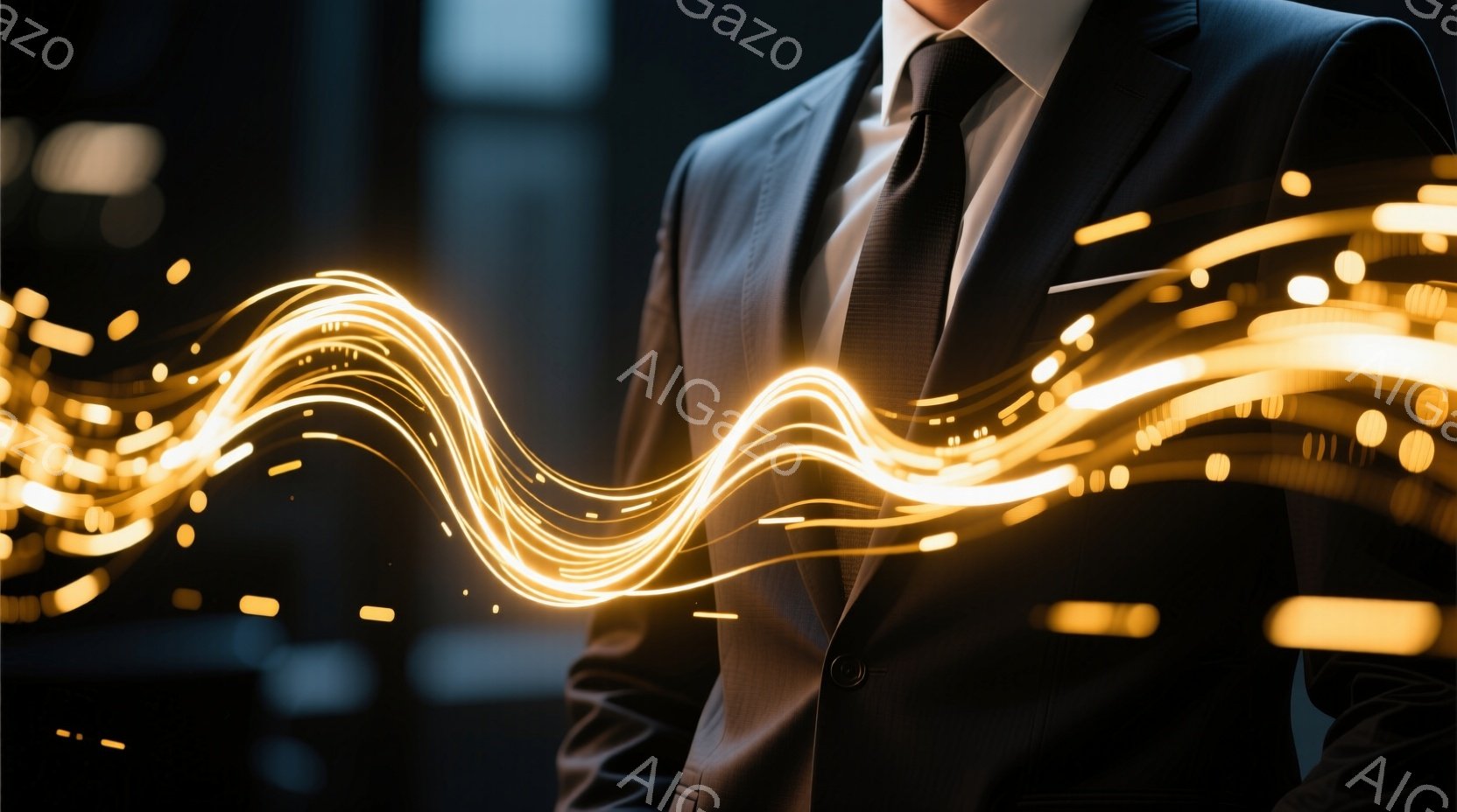 紺色のスーツにネクタイを締めた男性が写っており、光の線が彼を包み込むように流れている。彼の表情ははっきりと見えないが、姿勢は堂々としており、自信に満ち溢れているように見える。背景は暗く、ぼやけた光点があり、光の軌跡が強調され、未来的な雰囲気を醸し出している。