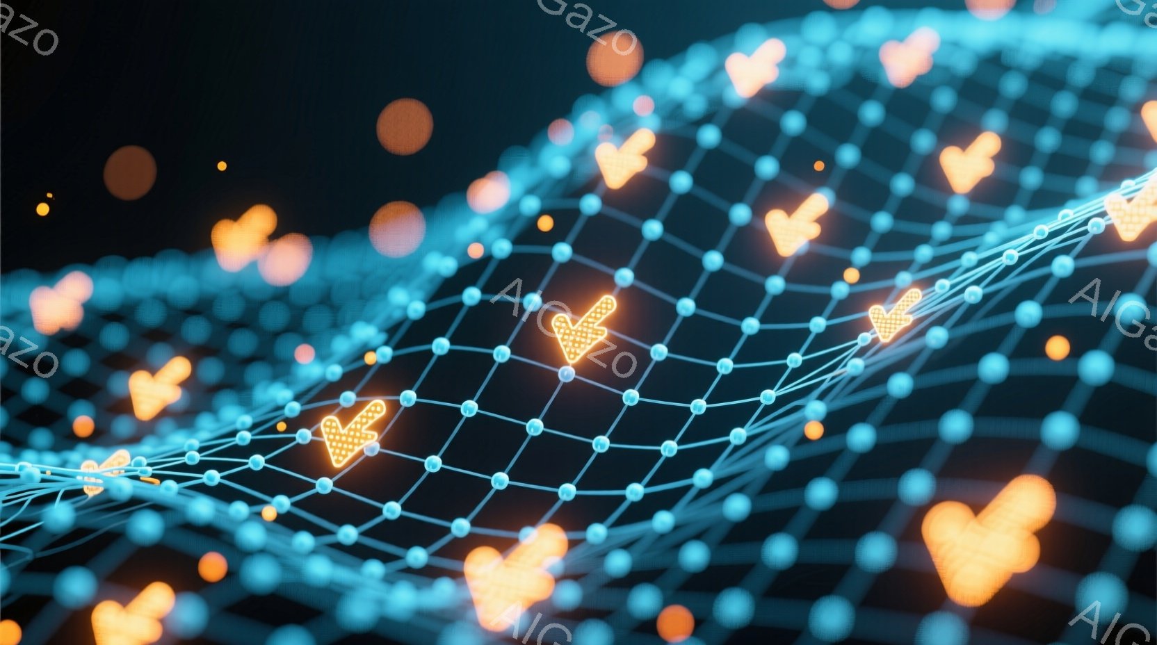 鮮やかな青色のネットワーク状の線が、暗い背景を背景に複雑に広がっています。その線は小さな光の球で結ばれ、ところどころにオレンジ色の蝶のアイコンが浮かんでいます。全体的に未来的な、デジタルな雰囲気であり - AI生成フリー素材