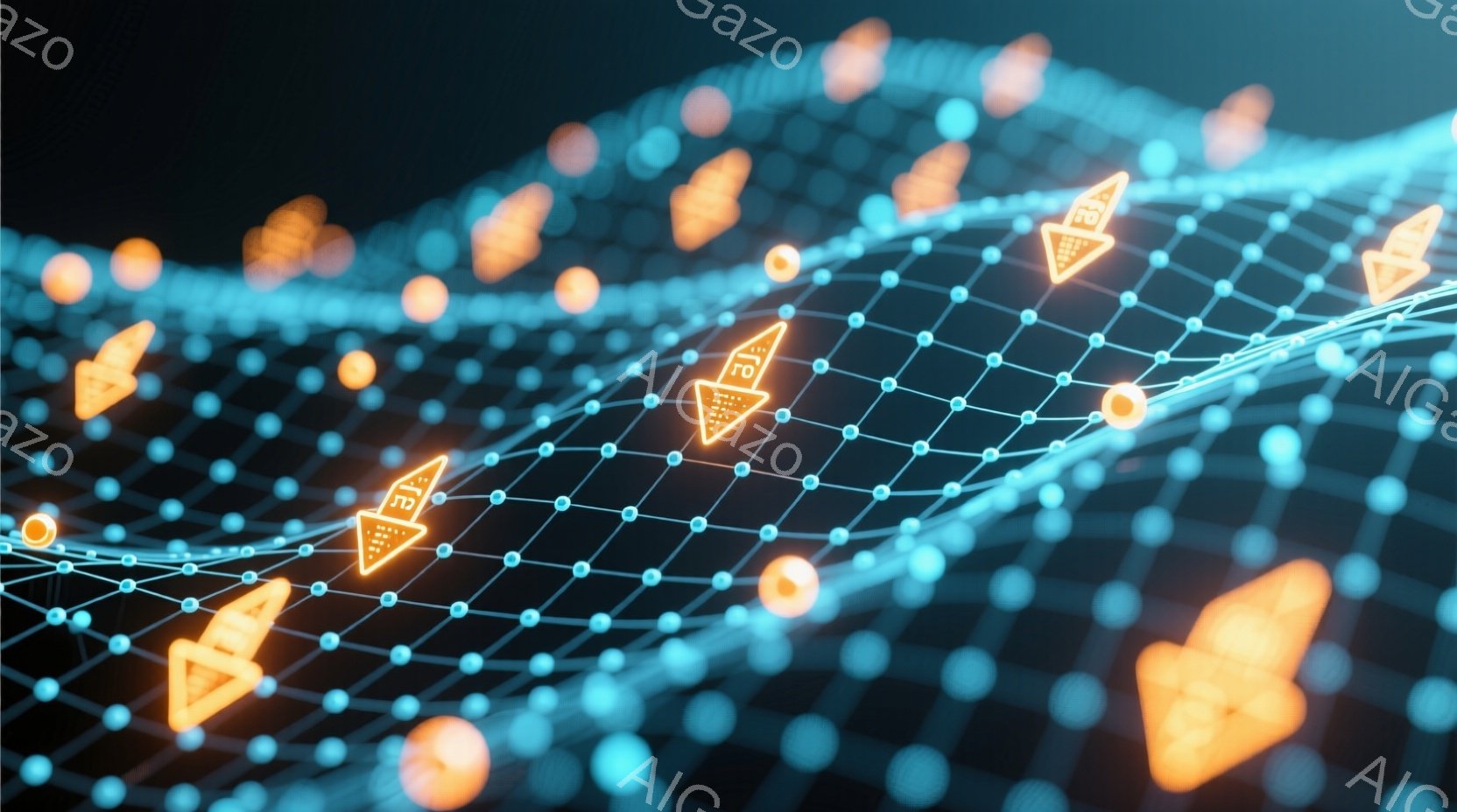 鮮やかな青色のネットワーク状の線が、暗い背景の上に複雑に広がっています。その線に沿って、オレンジ色の三角形のアイコンが点在しており、まるでデータが流れているような印象を与えます。全体として、近未来的で - AI生成フリー素材