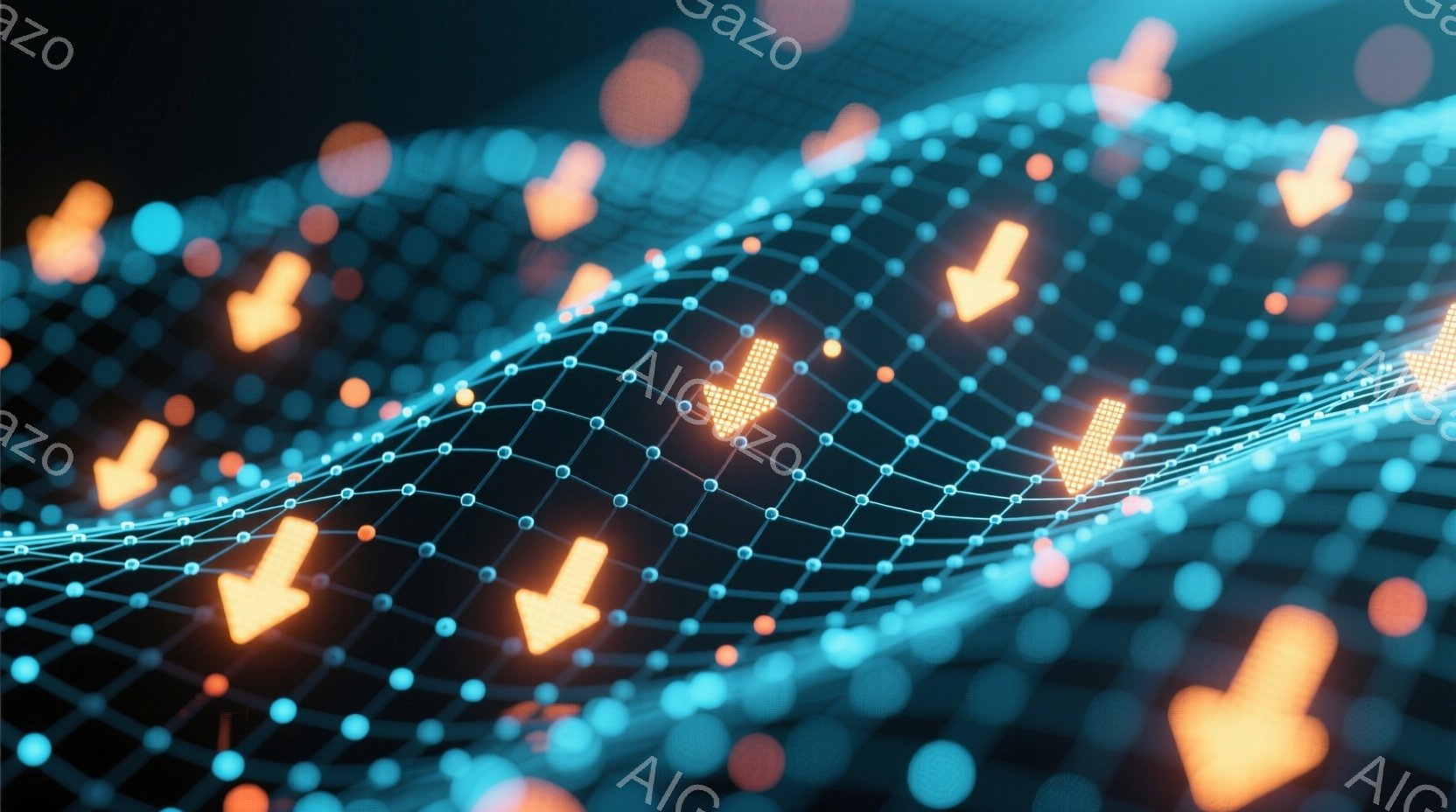 鮮やかな青色のネットワーク状の線が、不規則な波のような形を描いており、その上にオレンジ色の矢印が散りばめられています。背景は暗く、ネットワークの線が発光しているように見え、未来的なデジタル空間を表現し - AI生成フリー素材