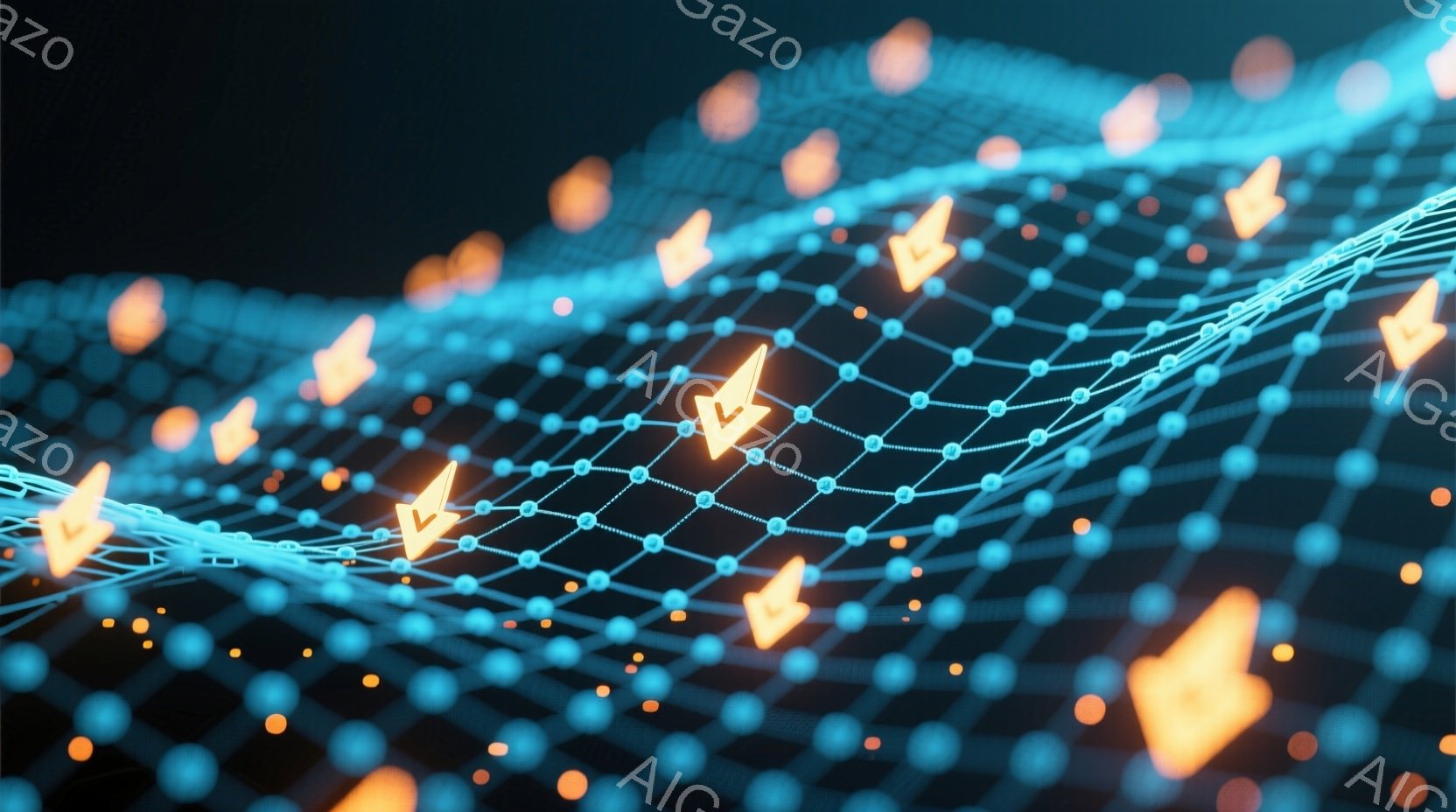 鮮やかな青色の線で構成された網目状の構造物が、暗い背景の中に浮かび上がっています。線は波打つように曲がり、各接続点には明るいオレンジ色の光点が配置されています。全体として、未来的なネットワークやデータ - AI生成フリー素材