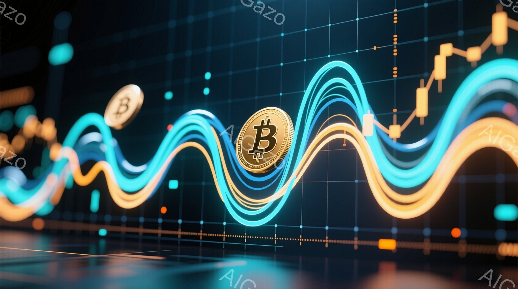 画像は、ビットコインのシンボルが、上昇と下降を繰り返す線状のグラフの上に配置されています。グラフは明るいオレンジと青の光で構成され、未来的な雰囲気を作り出しています。背景は暗く、グラフとビットコインが - AI生成フリー素材