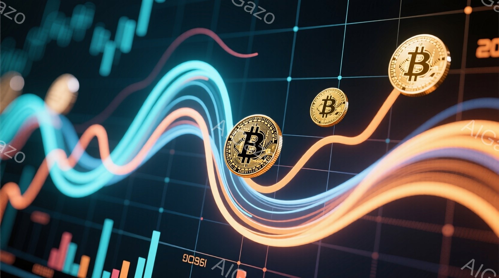 鮮やかなネオンカラーの線が渦巻き状に絡み合い、背景には株価チャートのようなグラフが表示されています。その中心には金色のビットコインが二つ浮かんでおり、現代金融とテクノロジーの融合を象徴するような印象を - AI生成フリー素材