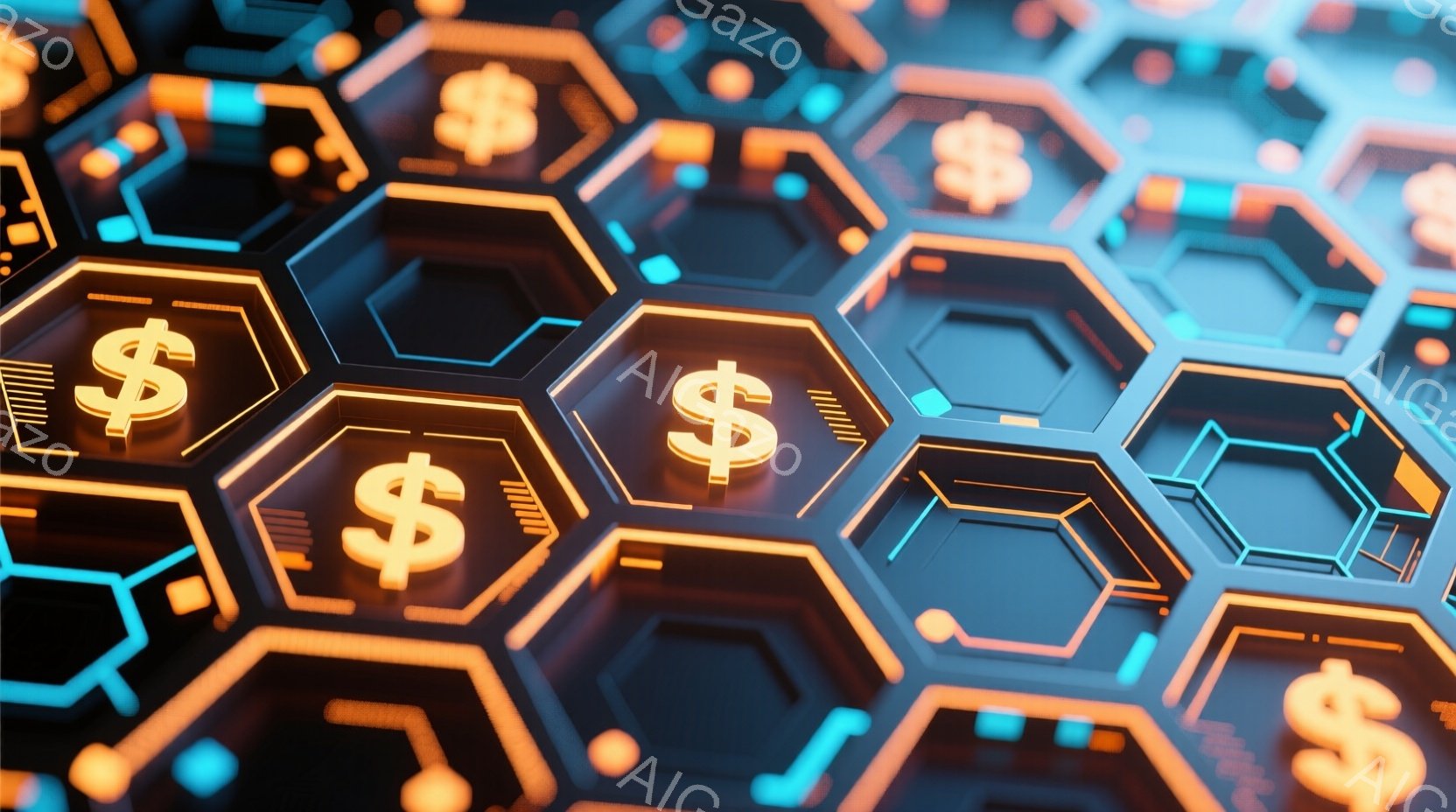 鮮やかなオレンジ色の六角形が、黒色の背景に幾何学的に並んでいます。各六角形には、光沢のある金色のドル記号($)が描かれており、ネオンブルーのラインがアクセントとして使われています。全体的に近未来的でテクノロジーを感じさせる、サイバーパンク風の雰囲気です。