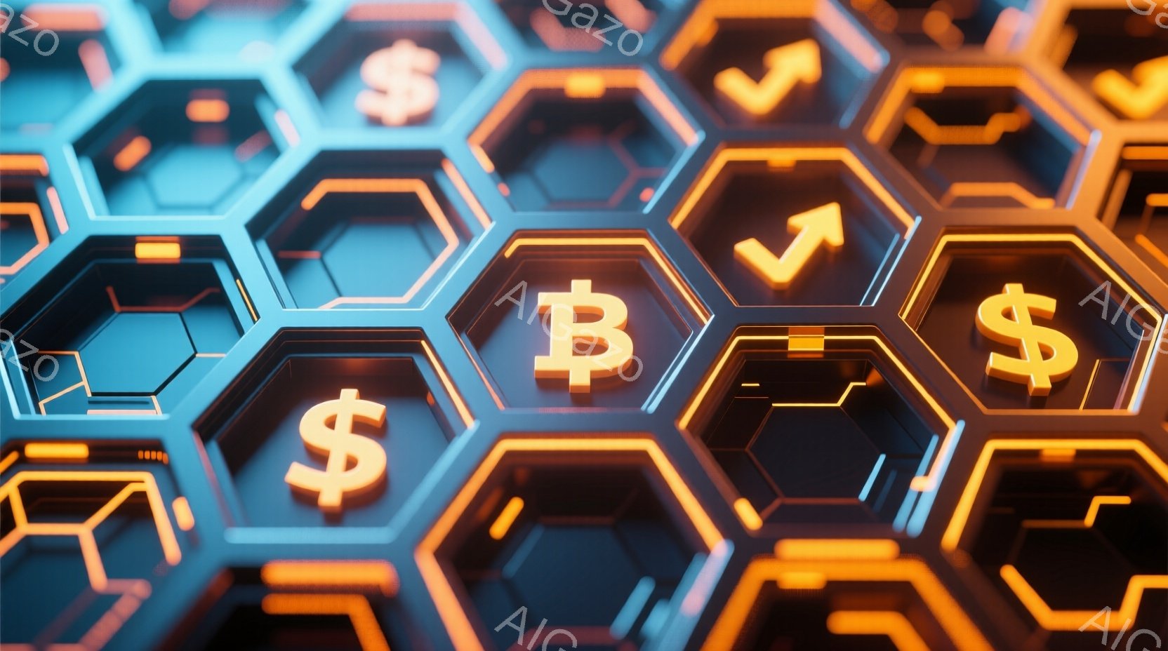 鮮やかなネオンライトで縁取られた六角形のグリッドが、画像全体を占めています。ドル記号（$）とビットコイン記号（₿）がいくつか配置されており、上昇を意味する矢印も混ざっています。全体的に未来的な、デジタ - AI生成フリー素材
