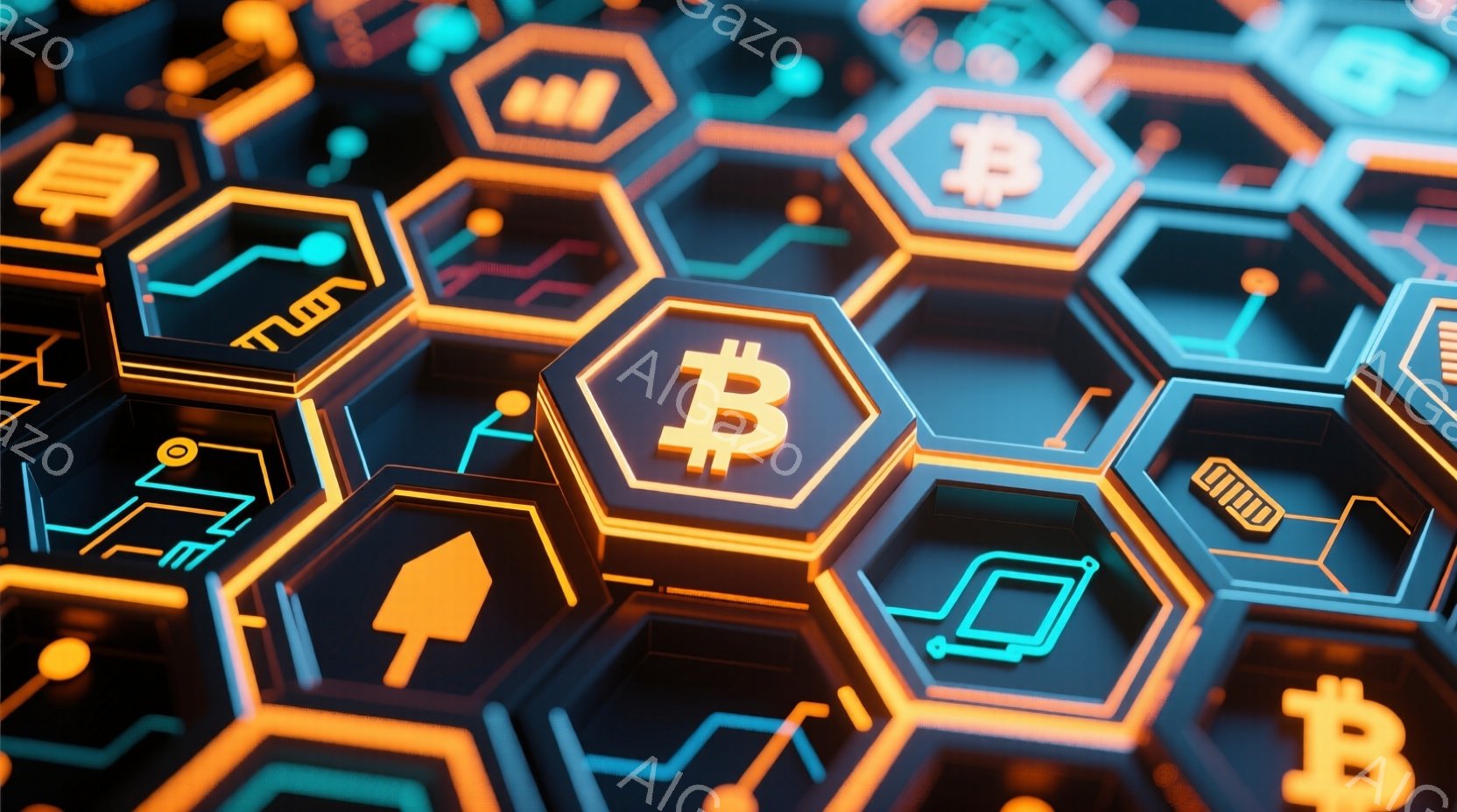 この画像は、鮮やかなオレンジ色の縁取りを持つ六角形のグリッドが密集して並んだ様子を捉えています。各六角形には、スマートフォン、家、ビットコインなどのシンプルなアイコンが白く描かれており、全体的にデジタ - AI生成フリー素材