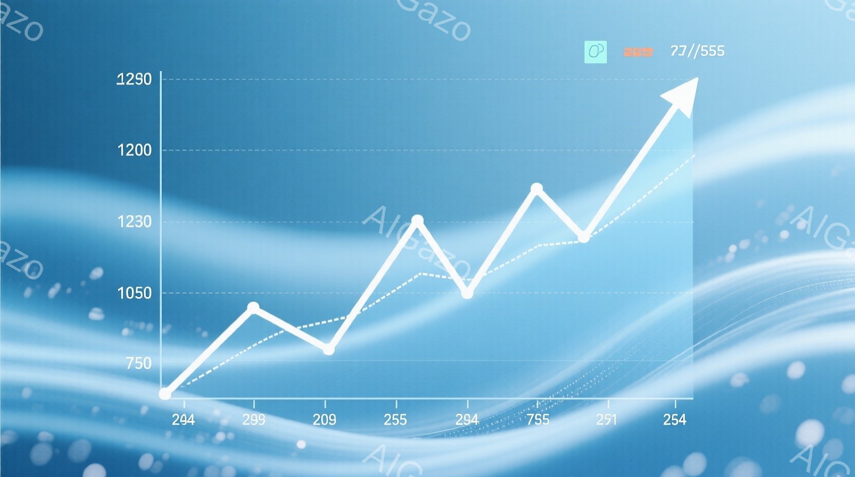 この画像は、青を基調とした背景に、白い破線で描かれた上昇傾向のグラフを示しています。数値軸は750から1250までで、x軸には209、251、254、255、294、299などの数値が示されています。 - AI生成フリー素材