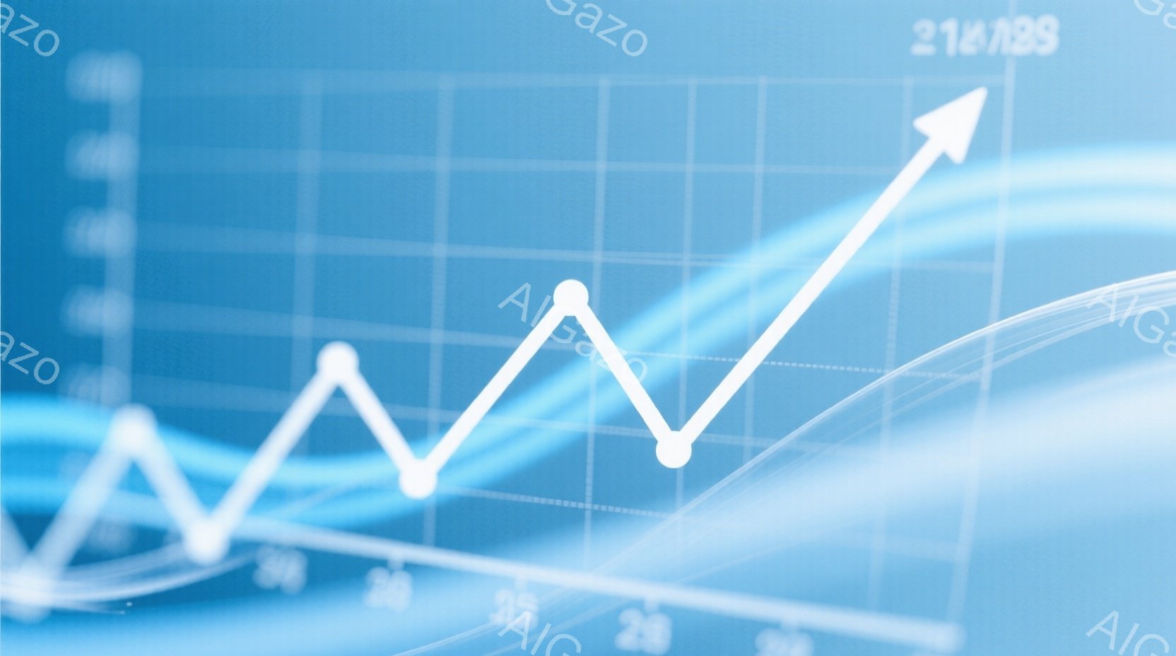 鮮やかな青色の背景に、白色の折れ線グラフが描かれています。グラフは右肩上がりの傾向を示しており、下落と上昇を繰り返しながら、最終的には高い地点まで伸びています。背景には、ぼやけた青色の曲線が重ねられ、グラフのダイナミックな動きを強調しています。