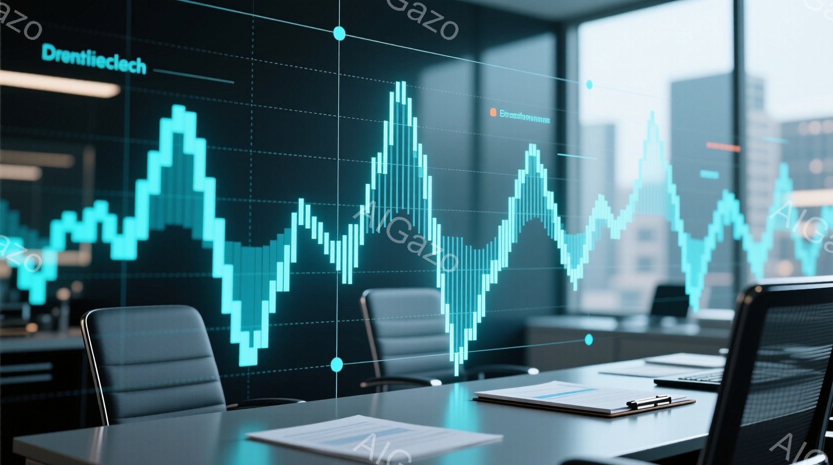 会議室のテーブルには書類とクリップボードが置かれ、背もたれの椅子が数脚並んでいる。背景には、グラフが光り、モダンなオフィスビルが見え、窓の外にはぼやけた都市景観が広がっている。全体的に、未来的なテクノロジーとビジネスの成功を連想させる、洗練された雰囲気である。