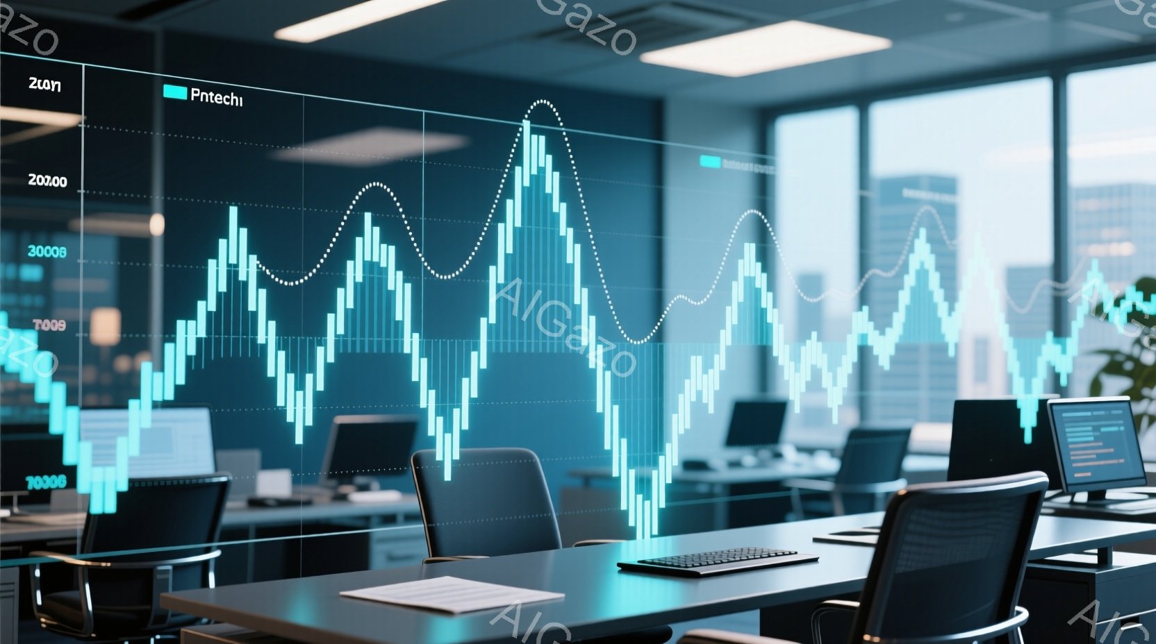 オフィス空間には、未来的なチャートが大きく投影され、明るい青色の線が上向きと下向きに変動する様子が強調されています。机の上にはノートパソコンや書類が置かれ、オフィスチェアが整然と並べられており、全体的に洗練されたモダンな印象を与えます。窓の外には高層ビルが見え、明るい日差しが差し込み、活気のあるビジネス環境を連想させます。