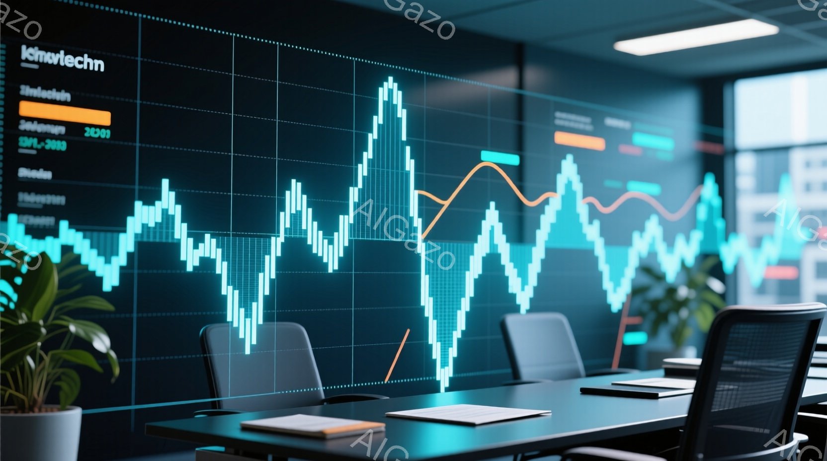 部屋には、グラフが大きく表示された壁があり、現代的なビジネス空間を表現しています。テーブルの上には書類が置かれ、空いている椅子がいくつか並べられています。全体的に、落ち着いた青色の照明と、都会的な背景が、プロフェッショナルで洗練された雰囲気を醸し出しています。