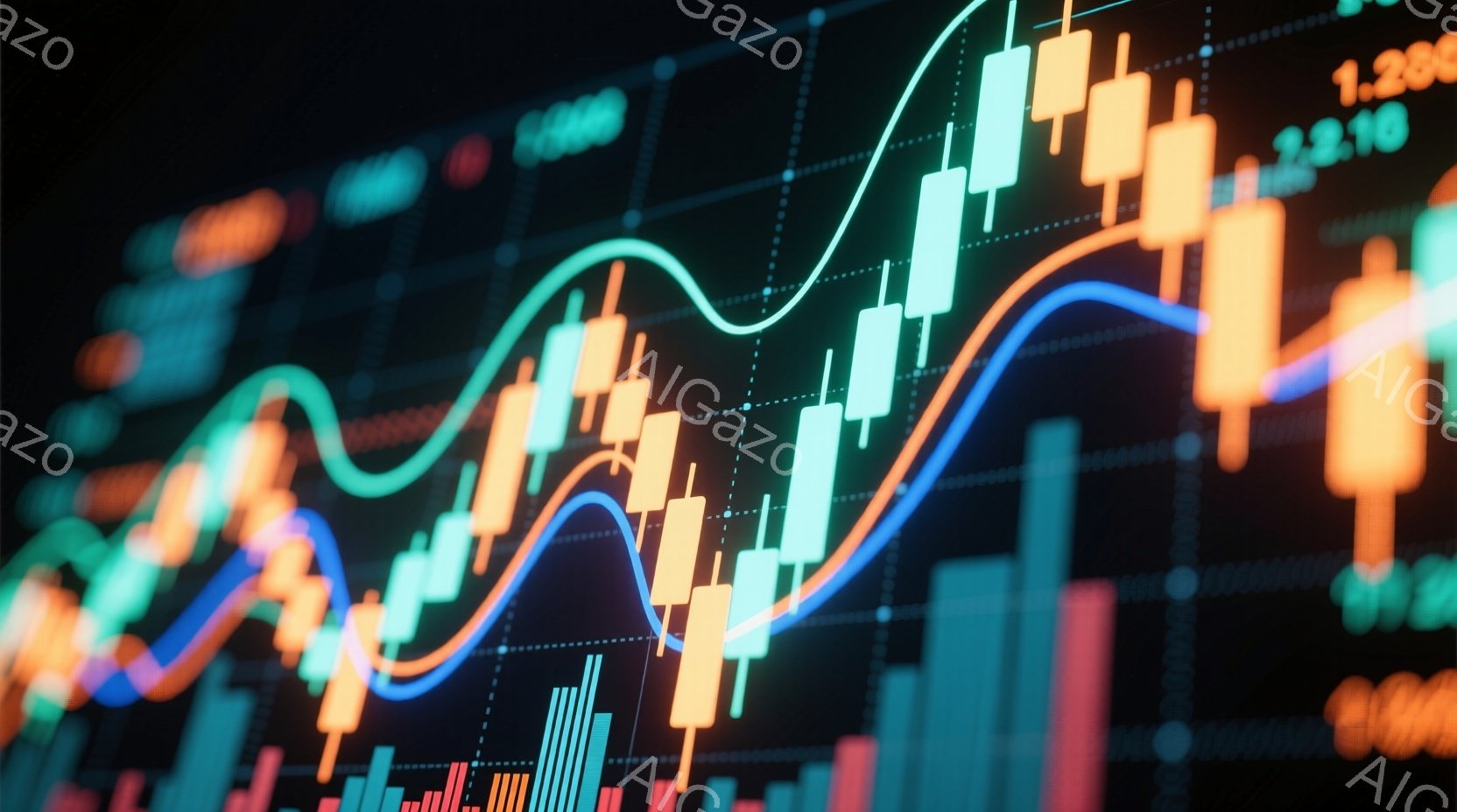 この画像は、金融市場のチャートを表しており、様々な色の棒グラフと曲線が複雑に絡み合っています。オレンジ、青、緑の線がグラフの上を走り、市場の変動を表しているようです。全体的に、ダイナミックで活気のある - AI生成フリー素材