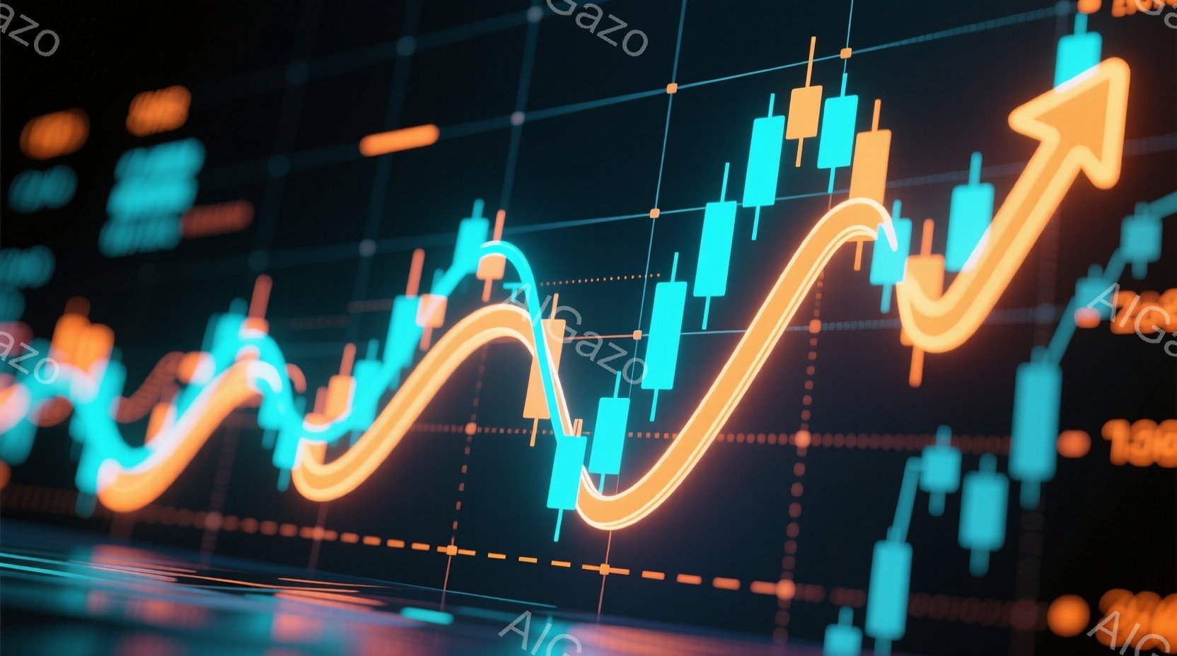 この画像は、金融市場のチャートを表現したもので、緑とオレンジのロウソク足が複雑に配置されています。明るいオレンジ色の線がチャートの上昇傾向を示し、未来の成長を象徴しています。背景は暗く、チャートが際立 - AI生成フリー素材