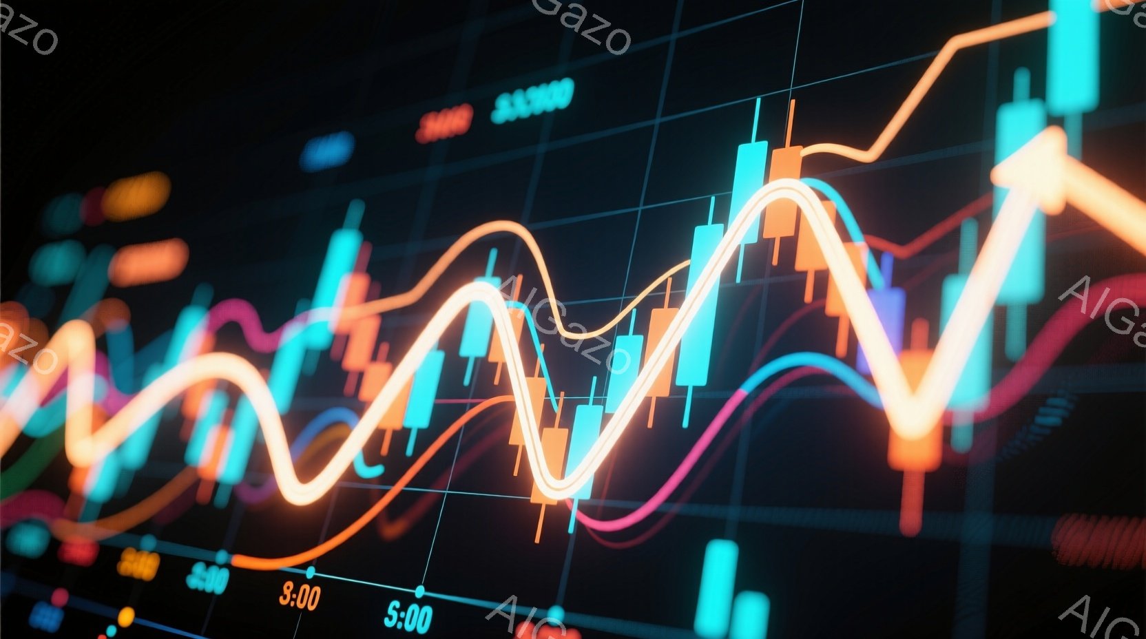 鮮やかな色のラインが複数、キャンバス上に複雑に絡み合い、まるで金融市場のチャートのようになっている。時間軸のような数字が下部に並び、背景は暗いグレーで、ラインの鮮やかさを際立たせている。全体的にダイナミックで躍動感があり、市場の変動やトレンドを視覚的に表現している印象を受ける。