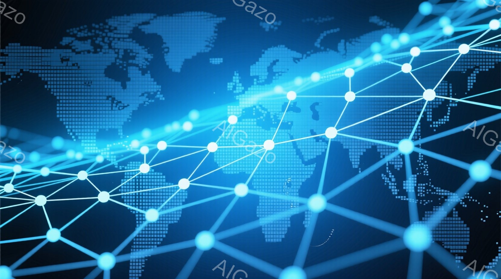 この画像は、青を基調とした世界地図に、多数の光る点が線で結ばれたネットワークが重ねられています。大陸の形はドットで表現され、未来的な印象を与えます。全体的に、グローバルな繋がりや情報網を象徴するような - AI生成フリー素材