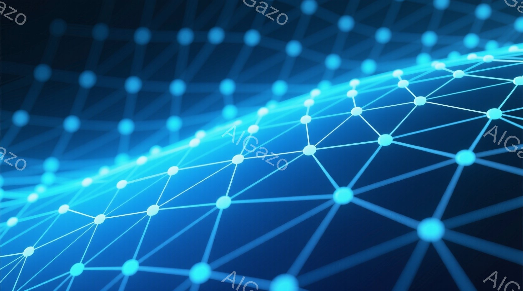 この画像は、青色の光る点が線で結ばれたネットワークの抽象的な表現です。光の点は、まるで未来的な回路や接続を表しているかのように、暗い背景の中で輝いています。全体的に、高度なテクノロジー、デジタル接続、 - AI生成フリー素材