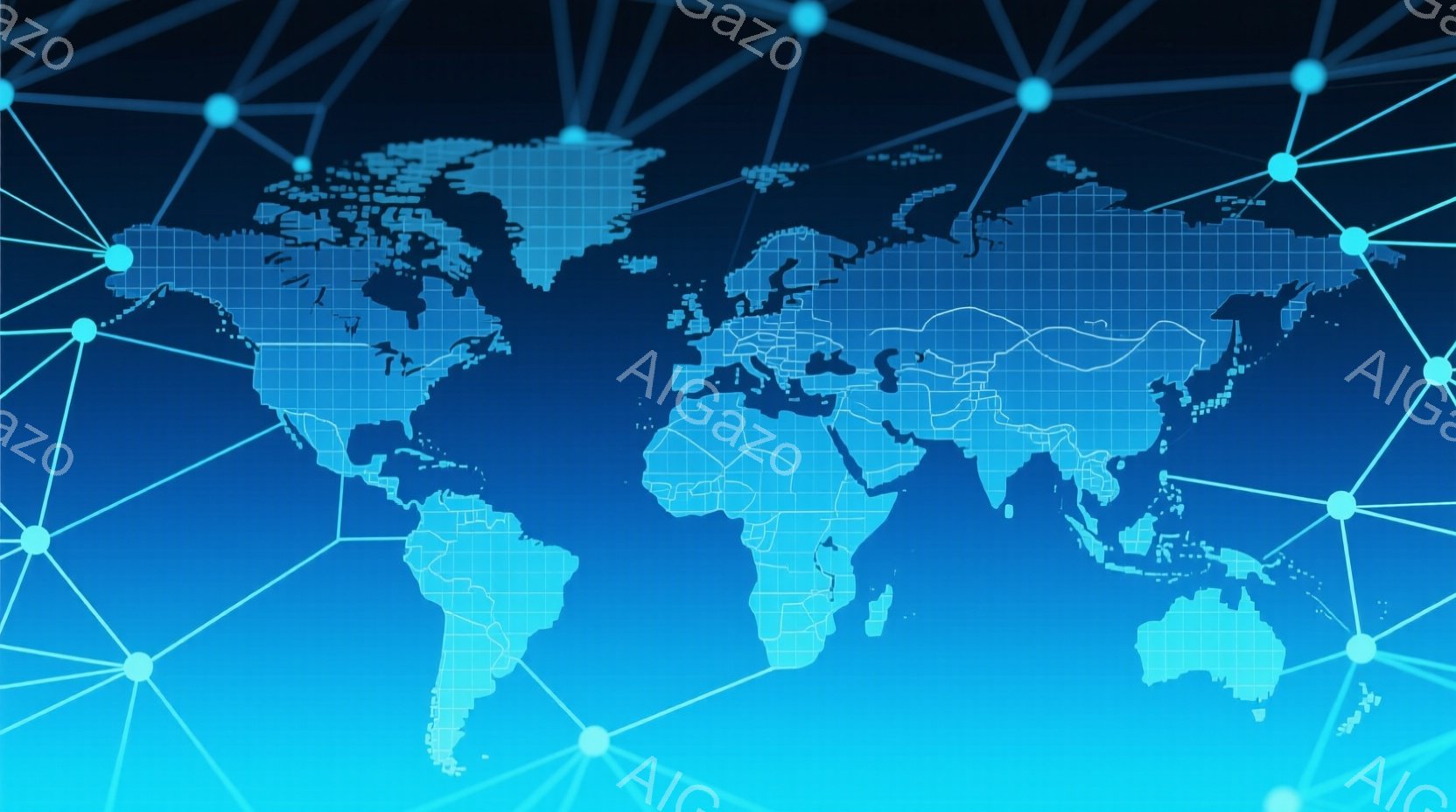 この画像は、青とターコイズブルーのグラデーションを背景にした世界地図です。各大陸は白く線で描かれ、互いに白い線で結ばれた明るい青色の点によって接続されています。全体的に、グローバルネットワークや接続された世界の概念を想起させる未来的な雰囲気です。